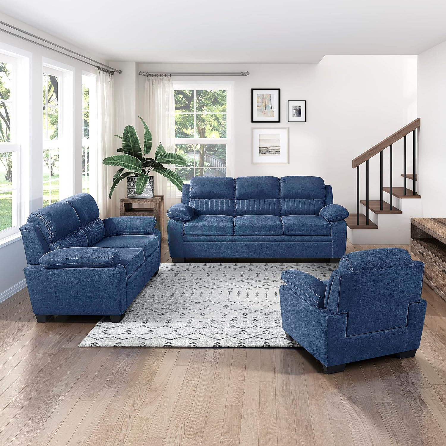 Image of Torque Jett 6 Seater Fabric Sofa for Living Room (3+2+1 Seater, Blue) Fabric 3 + 2 + 1 Sofa Set