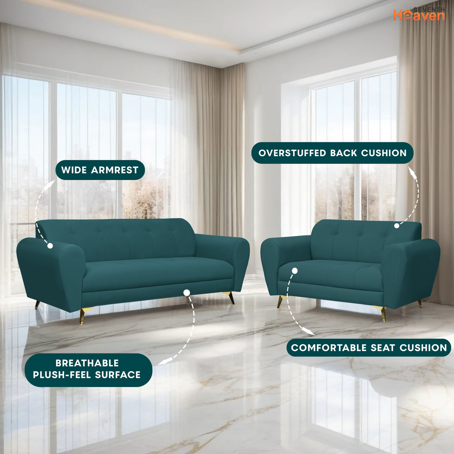 Image of Seventh Heaven Milan Icon 5 Seater Sofa Set, Plush Suede Fabric Fabric 3 + 2 Sofa Set