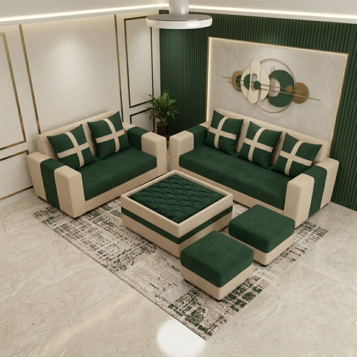 Image of WAKESURE Premium Quality Velvet Fabric 3 + 2 + 1 + 1 Sofa Set (Cream & Bottle Green, DIY(Do-It-Yourself))