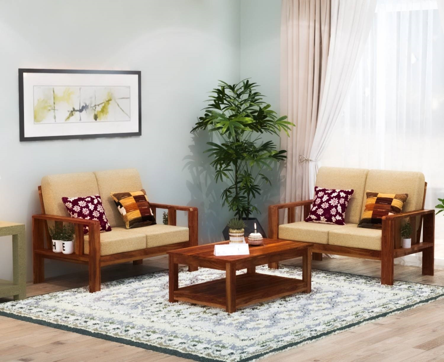 Image of Flipkart Perfect Homes Solid Sheesham Wood Four Seater Sofa Set For Living Room, Hotel Office. Fabric 2 + 2 Sofa Set