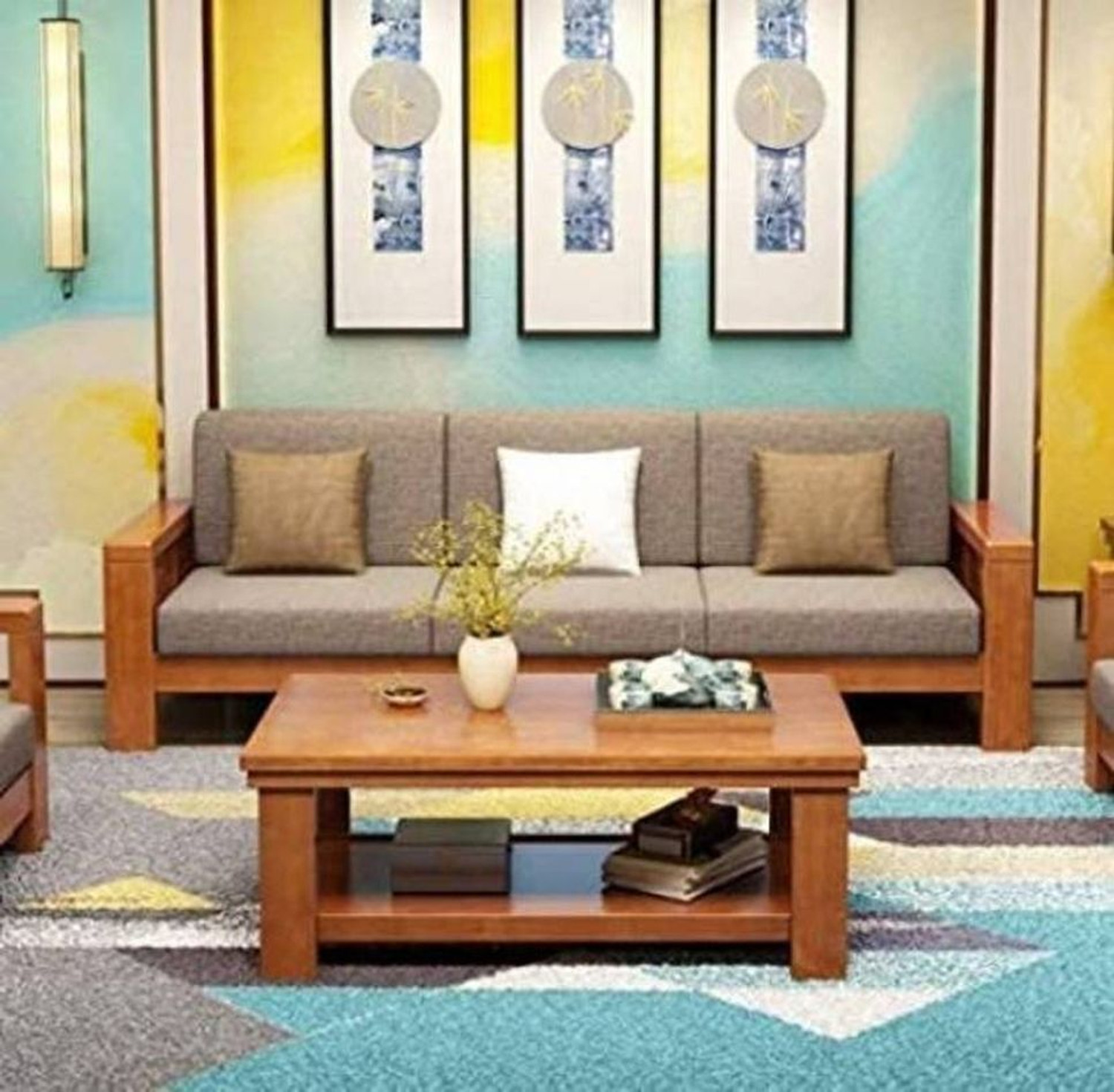 Image of Flipkart Perfect Homes Solid Sheesham Wood Six Seater Sofa Set For Living Room, Hotel Office. Fabric 3 + 2 + 1 Sofa Set