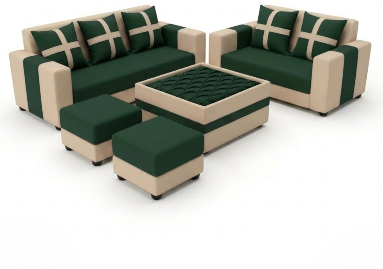 Image of WAKESURE Premium Quality Velvet Fabric 3 + 2 + 1 + 1 Sofa Set (Cream & Bottle Green, DIY(Do-It-Yourself))