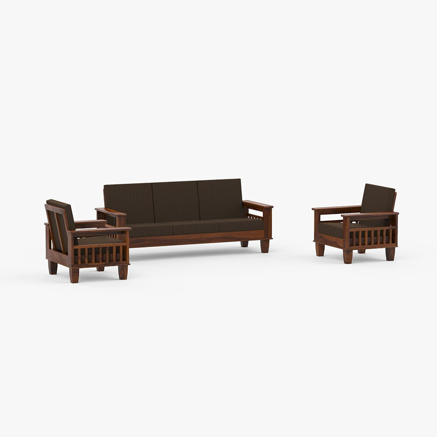 Image of Allie Wood Sheesham Wood Set of 2 Fabric 3 + 1 + 1 Sofa Set