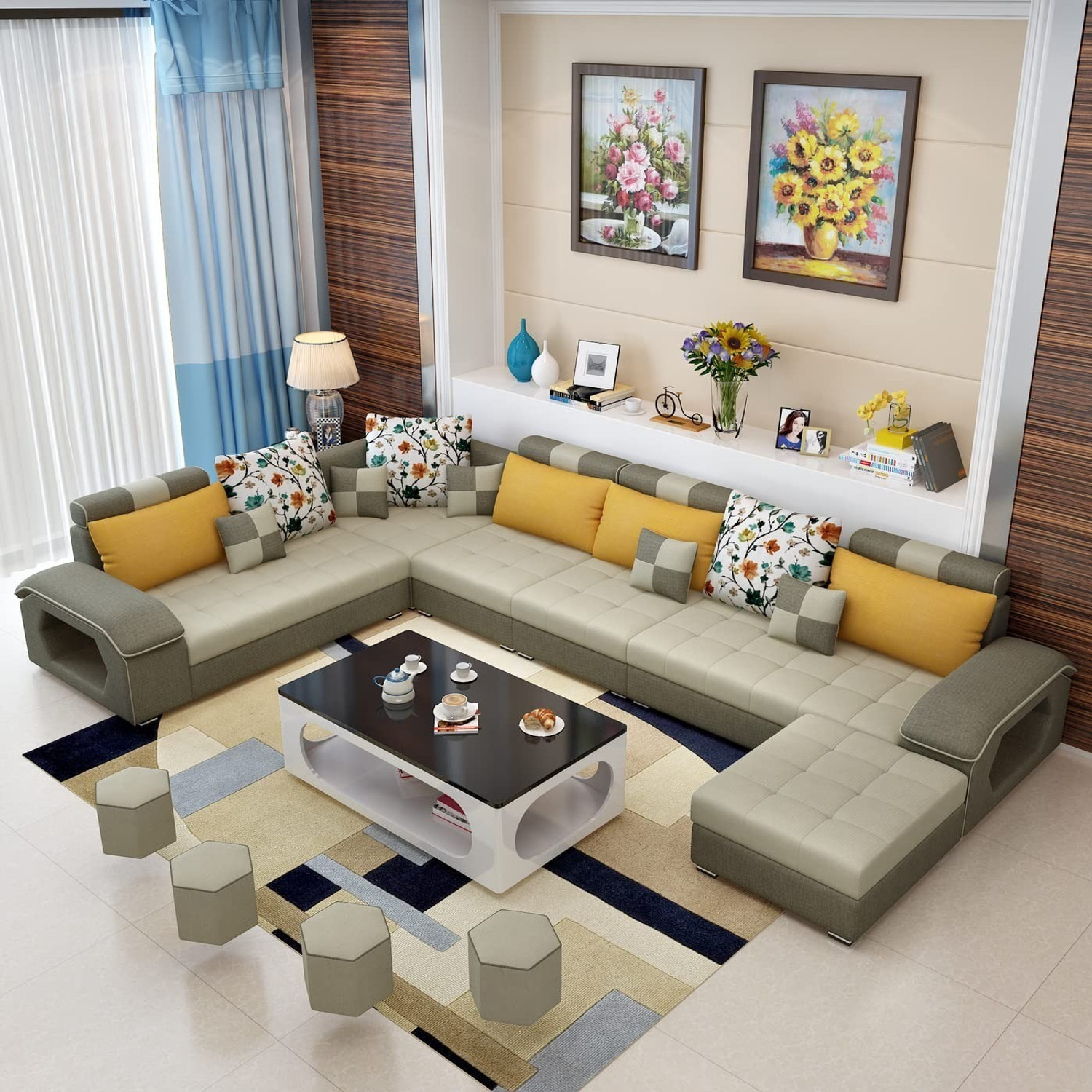 Image of Torque Silvester U Shape Fabric with 4 Puffy Fabric 3 + 2 + 2 + 1 Sofa Set
