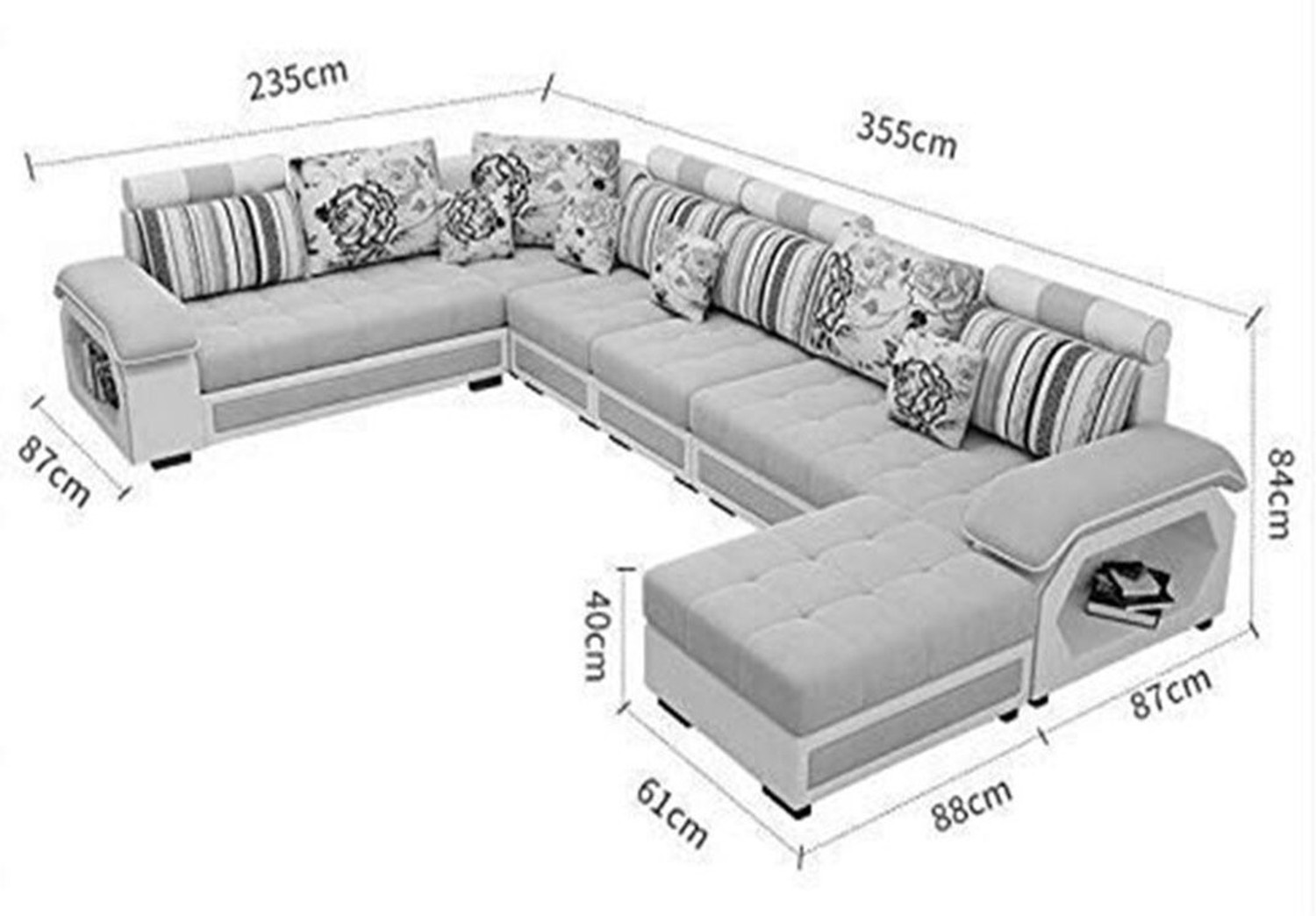 Image of Torque Silvester U Shape 9 Seater Fabric Sofa Set with 4 Puffy (Black - Grey) Fabric 3 + 2 + 2 + 1 Sofa Set