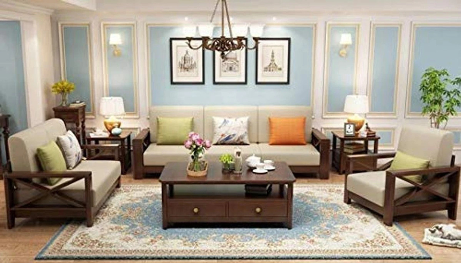 Image of HDWOOD Solid Sheesham Wood For Living Room / Hotel / Cafe | Fabric 3 + 2 + 1 Sofa Set