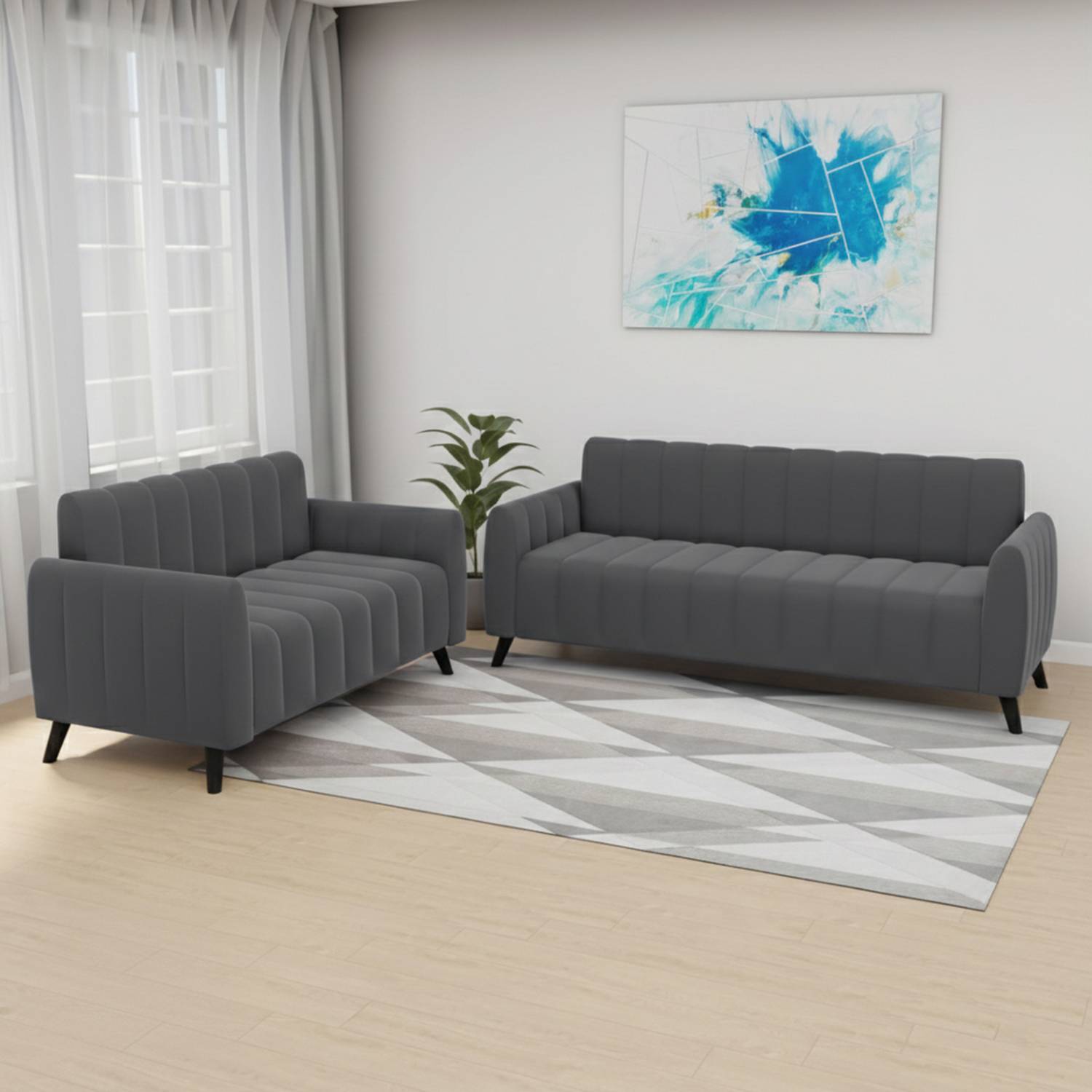 CARLTON LONDON Marcus Pocket Spring 3+2 Seater Sofa Set Grey Color with 3 Years Warranty Fabric 3 + 2 Sofa Set