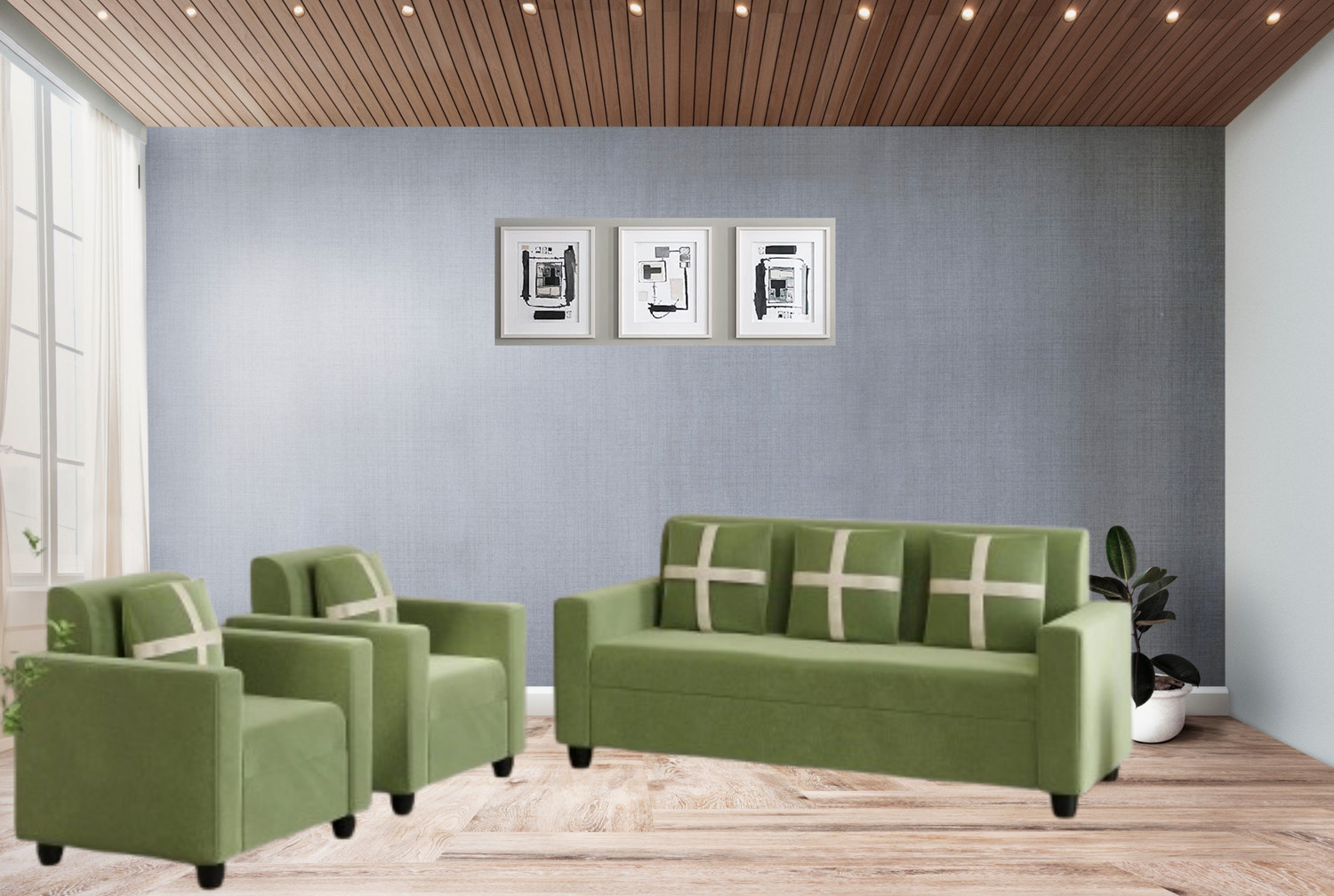 Image of LIVEWELL Premium Quality Velvet Fabric 3 + 1 + 1 Sofa Set