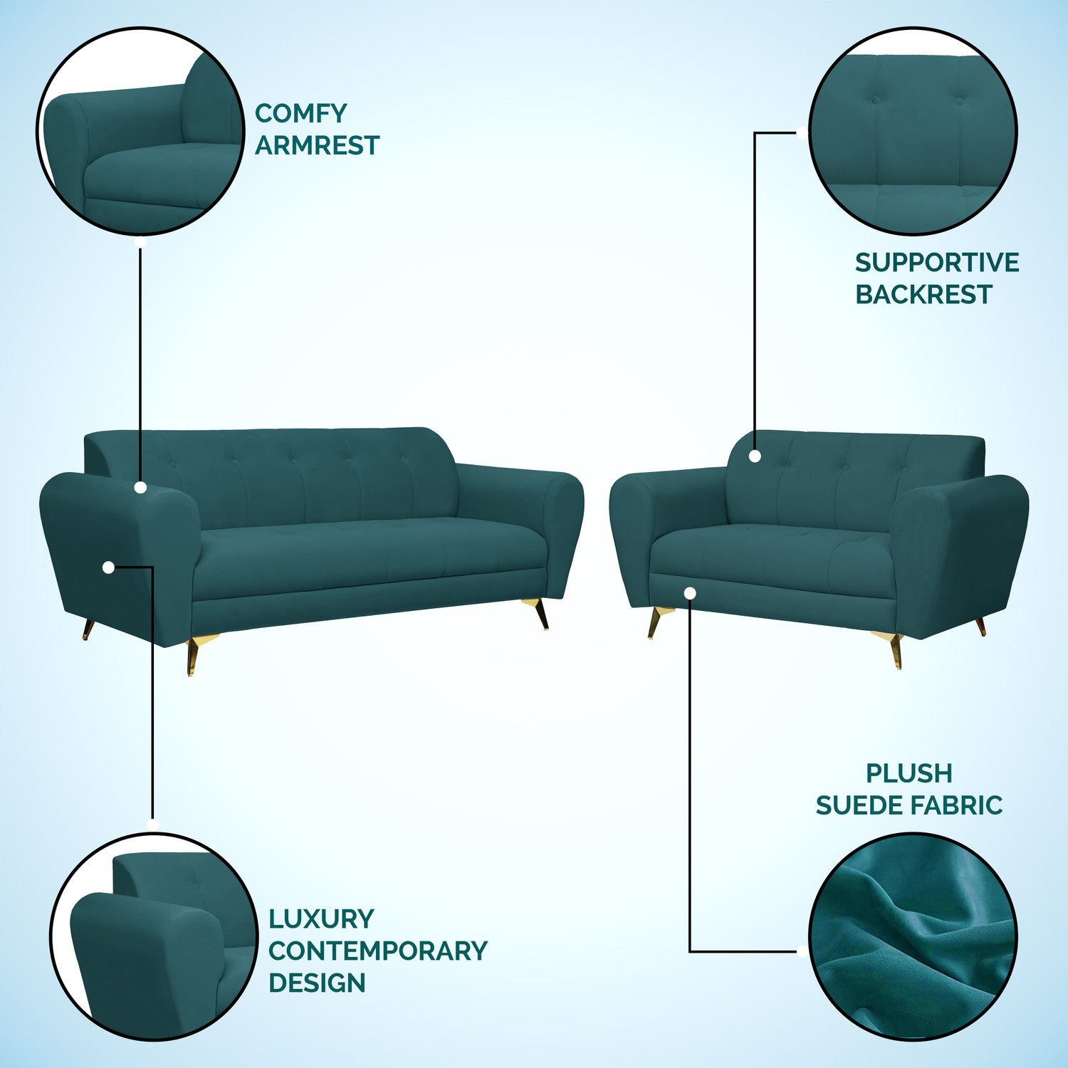 Image of Seventh Heaven Milan Icon 5 Seater Sofa Set, Plush Suede Fabric Fabric 3 + 2 Sofa Set