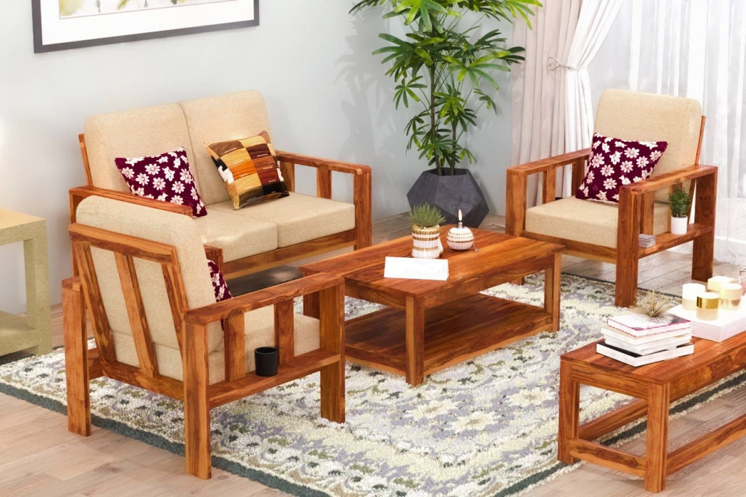 Image of Flipkart Perfect Homes Solid Sheesham Wood Four Seater Sofa Set For Living Room, Hotel Office. Fabric 2 + 1 + 1 Sofa Set
