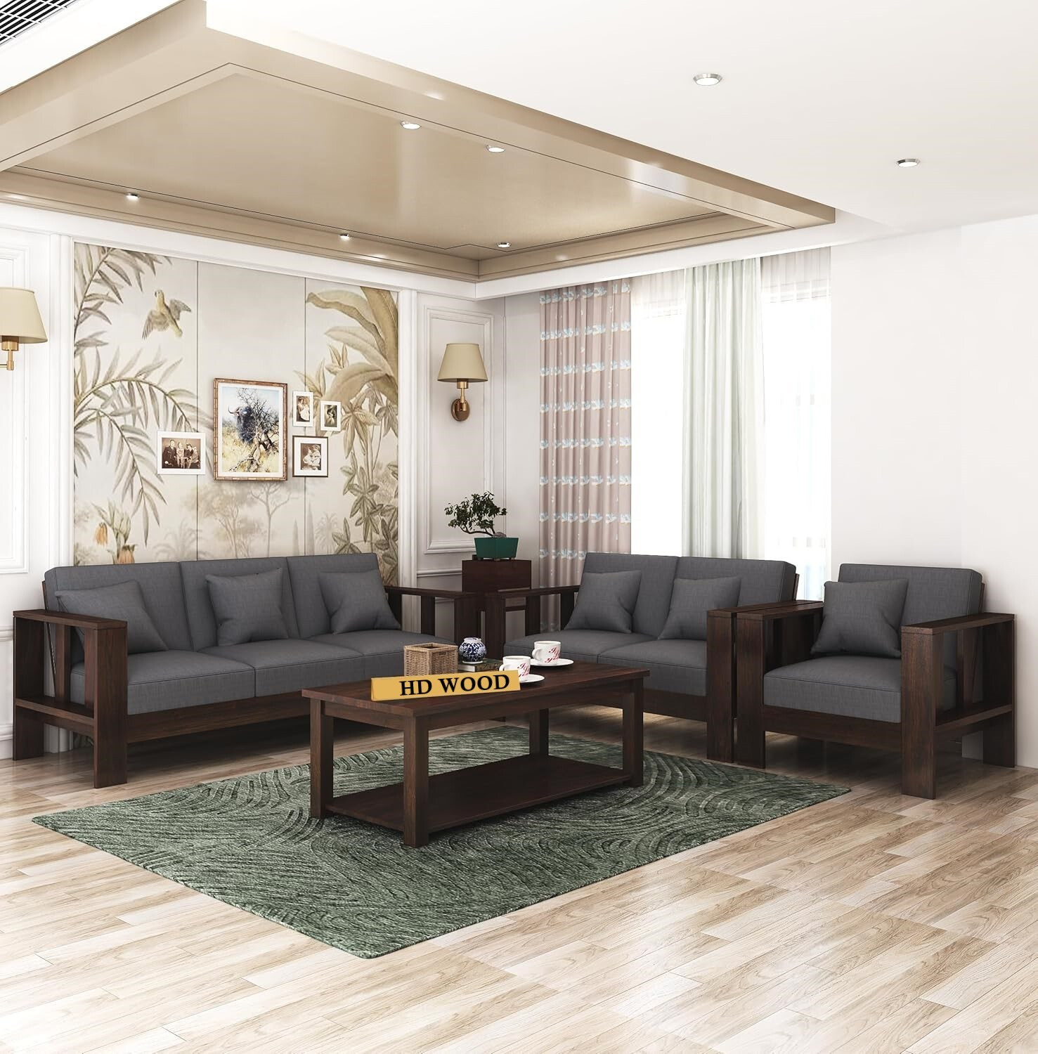 Image of HDWOOD Solid Sheesham Wood For Living Room / Office / Guest Room Fabric 3 + 2 + 1 Sofa Set