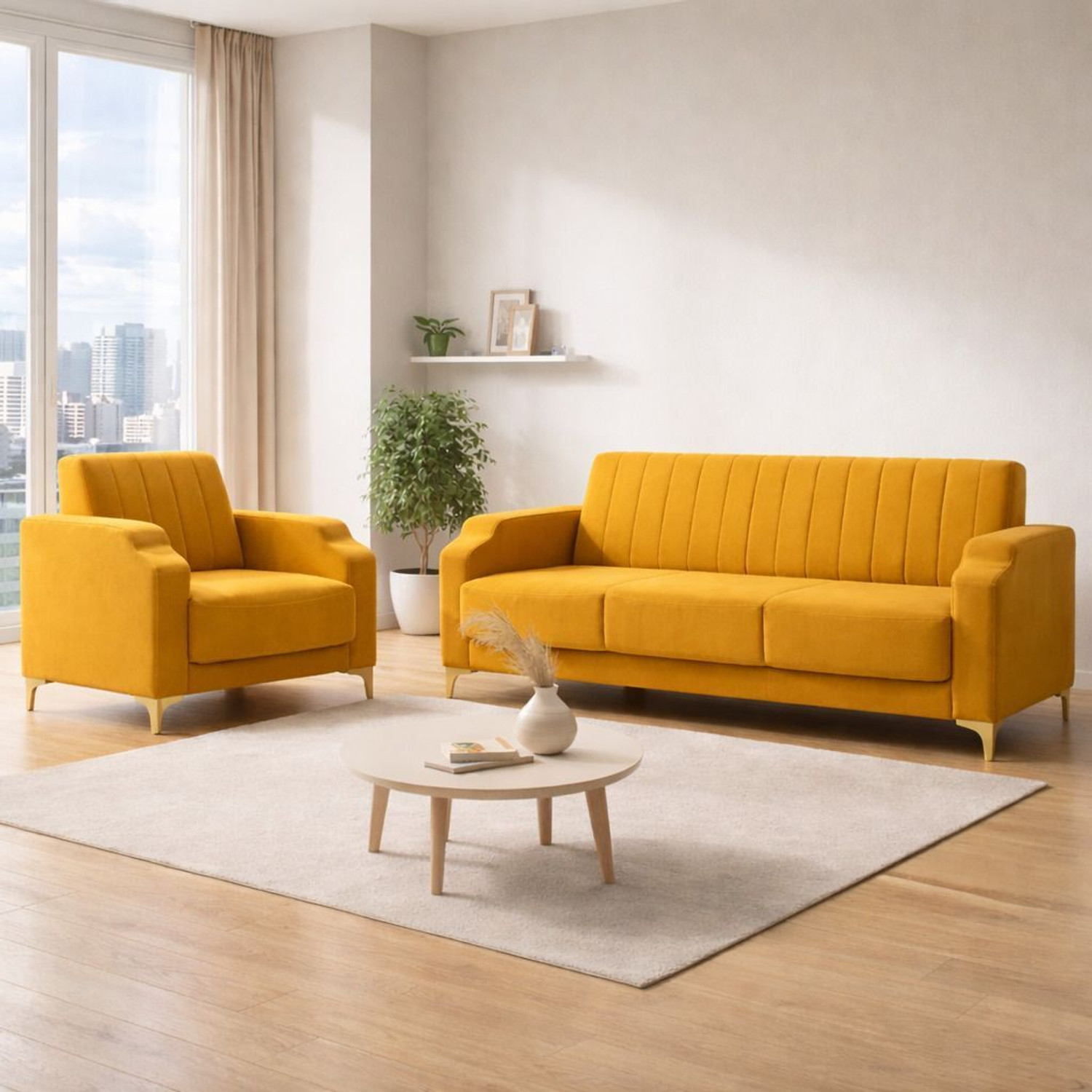 Image of BambooBay Stark 3+1 Sofa Set - Mustard Yellow Fabric 3 + 1 Sofa Set
