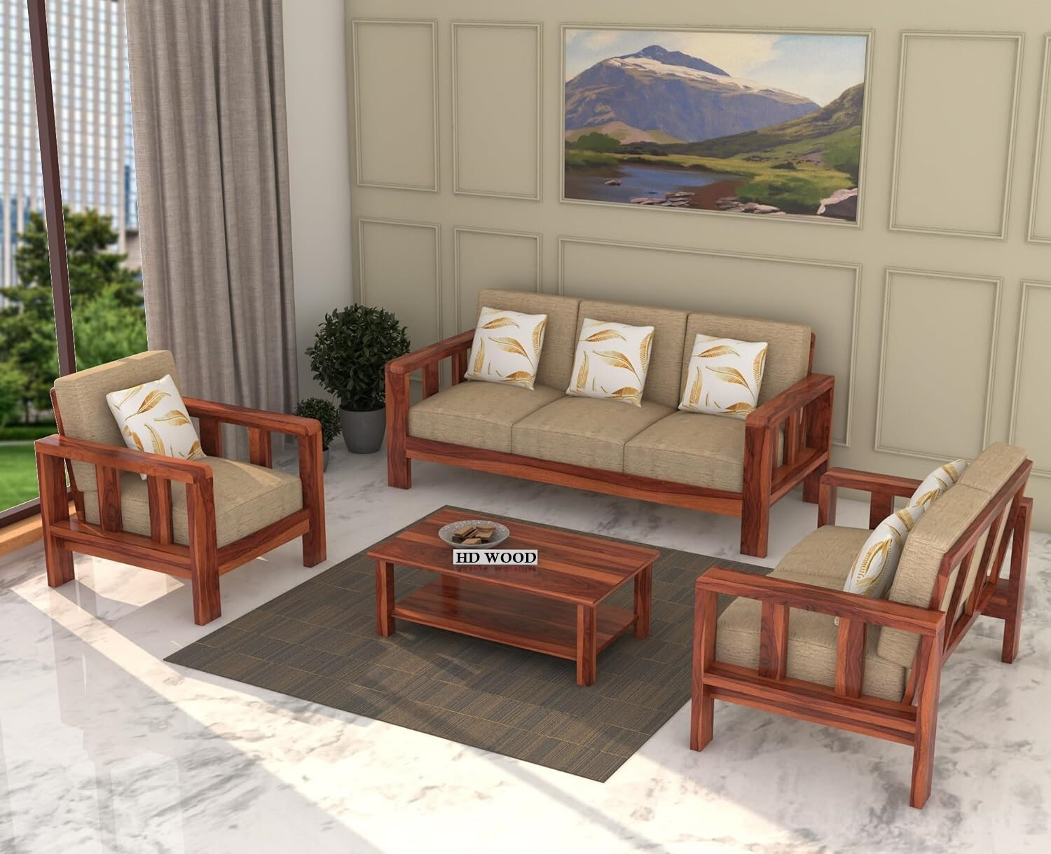 Image of HDWOOD Solid Sheesham Wood For Living Room / Office / Guest Room | Fabric 3 + 2 + 1 Sofa Set