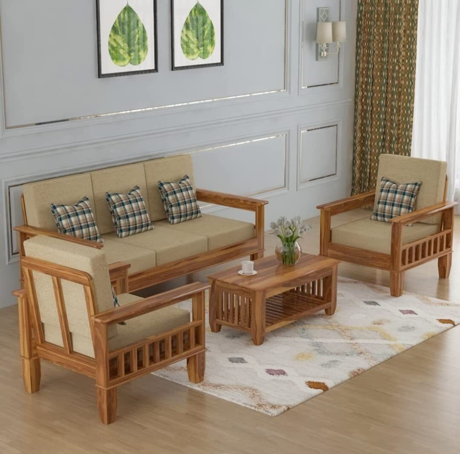 Image of Devsignature 3+1+1 Solid Wood 5 Seater Sofa Set For Living Room /Wooden Sofa Set For Home Solid Wood 3 + 1 + 1 Sofa Set