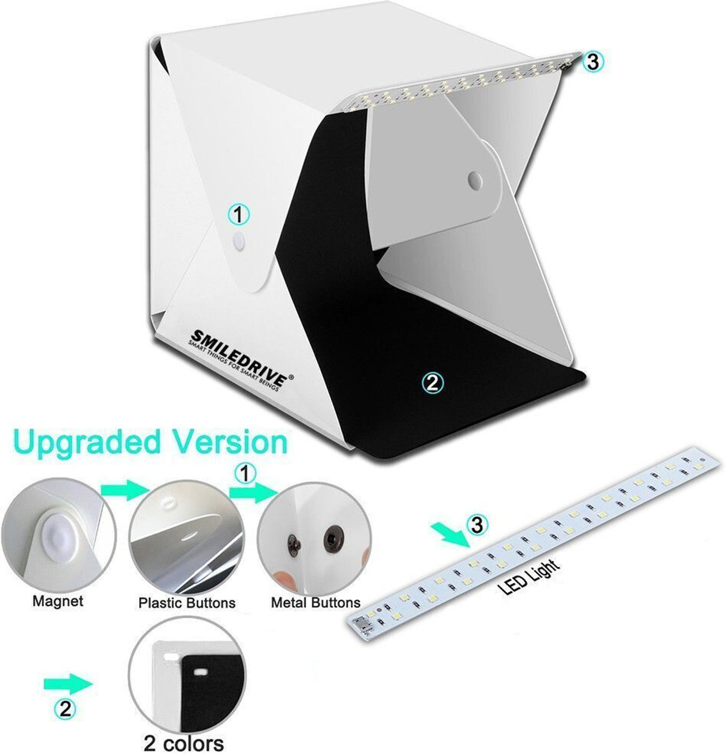 Image of Smiledrive Portable Professional Mini Photo Light booth Box Product Photography Studio-40x40x40 cm with fixed LED, 2 Backgrounds Square Softbox