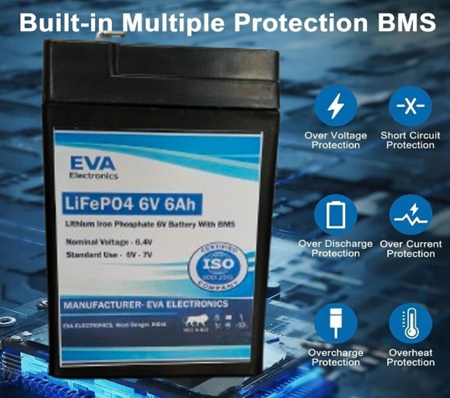 Image of eva electronics 6V 6Ah LiFePO4 Battery,2000+ Cycles Rechargeable Lithium Iron Phosphate Battery Lithium Solar Battery