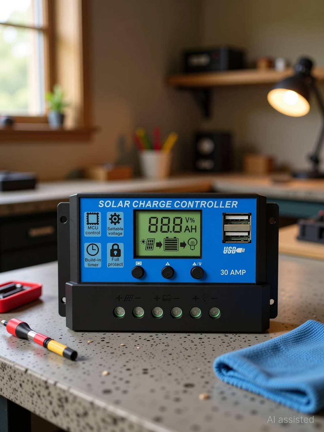 AMITOM 30A,12V/24V ABS Panel Charger Battery Regulator Dual USB LCD Display Pack of 1 PWM Solar Charge Controller
