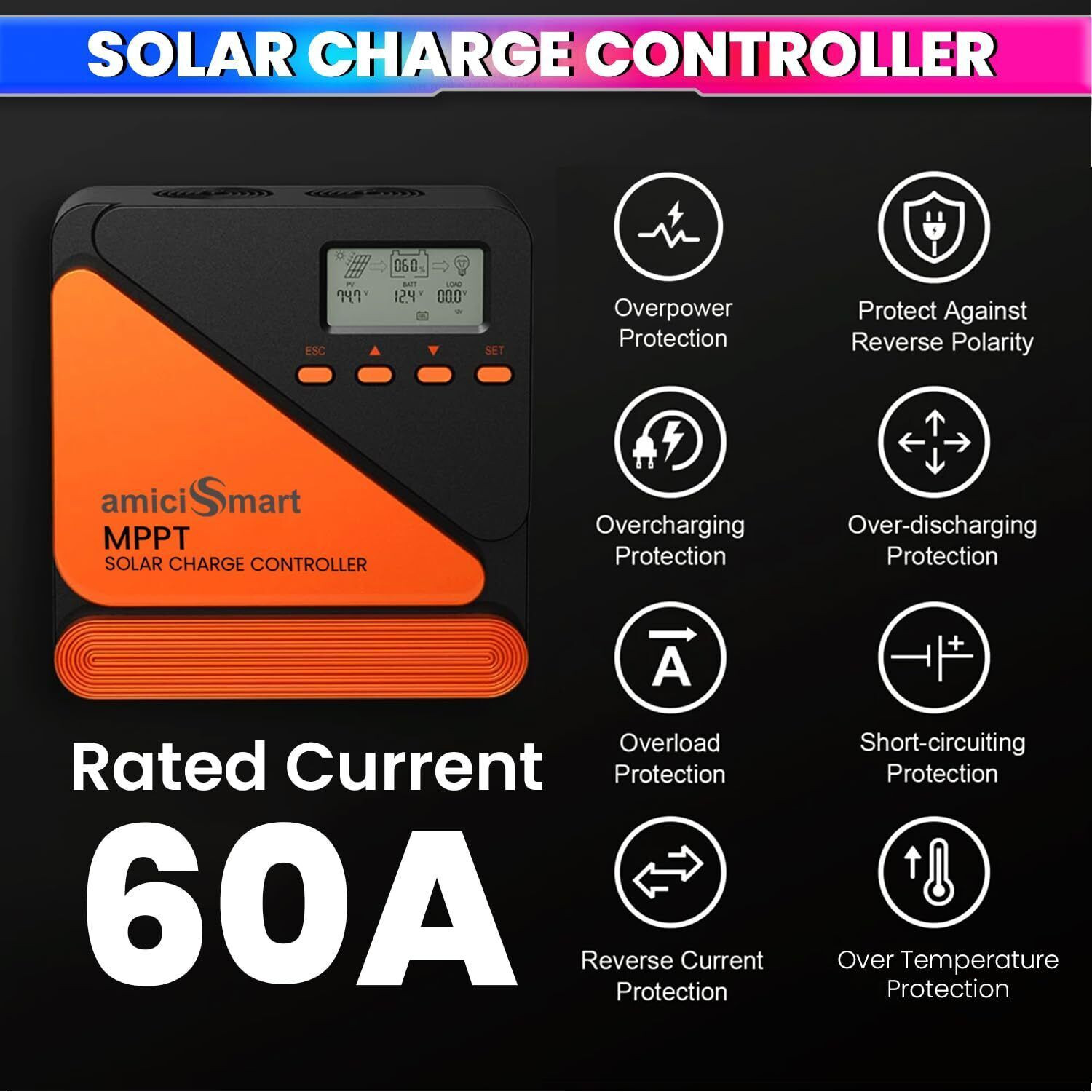 Image of amiciSmart True MPPT Solar Charge Controller, 98% Efficiency Lithium Battery(60A) MPPT Solar Charge Controller
