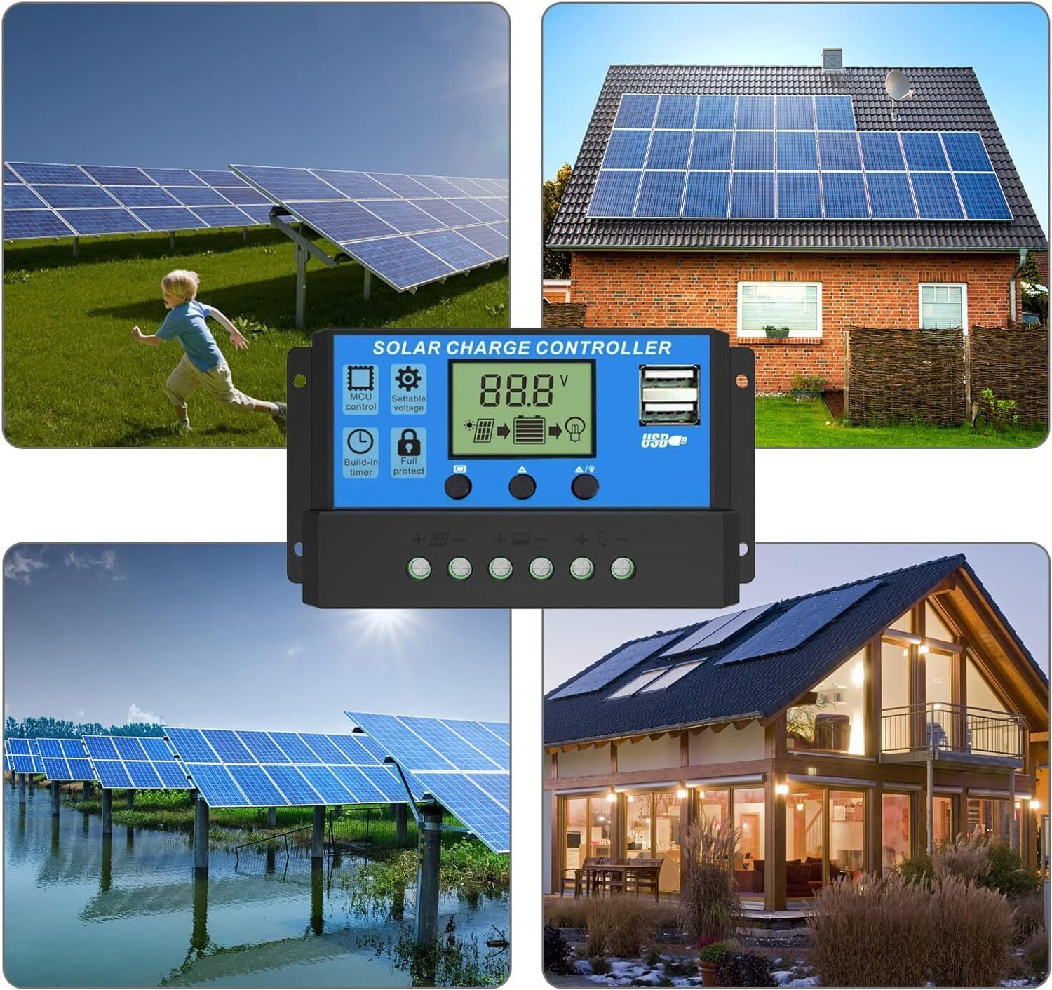 Image of AMITOM 20A, 12V /24V ABS Panel Charger Battery Regulator Dual USB LCD Display Pack of 1 PWM Solar Charge Controller