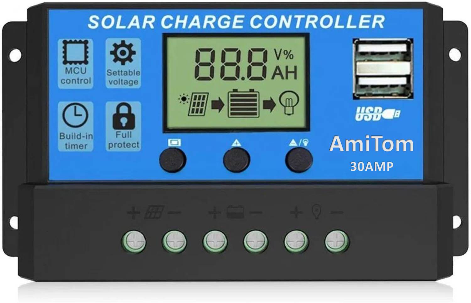 AMITOM 30A,Intelligent Battery Regulator for Panel LCD Display with 3A USB Port 12V/24V PWM Solar Charge Controller
