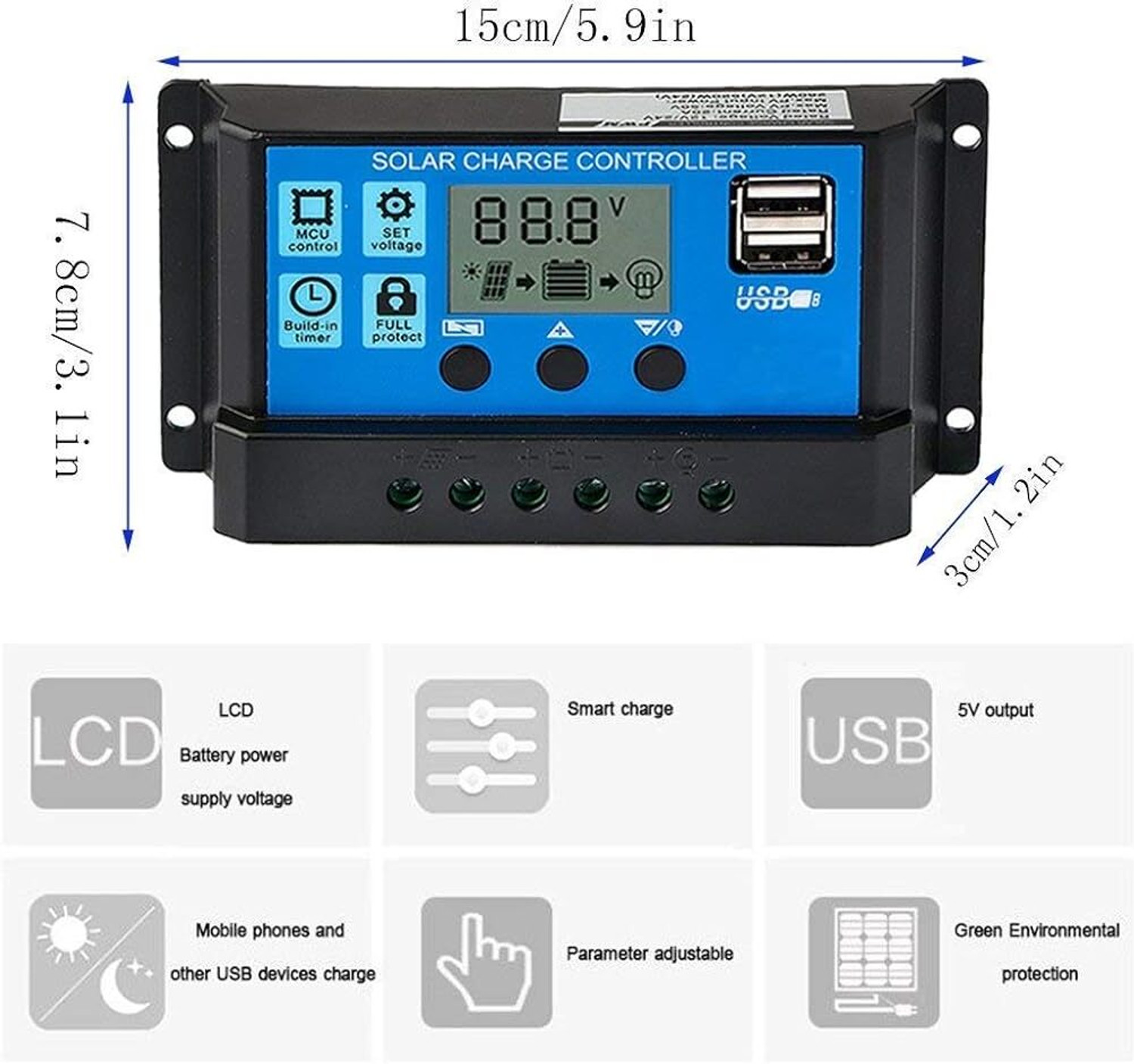 Image of Verilux 20A 12V24V Solar Charge Controller with LCD and USB Ports PWM Solar Charge Controller