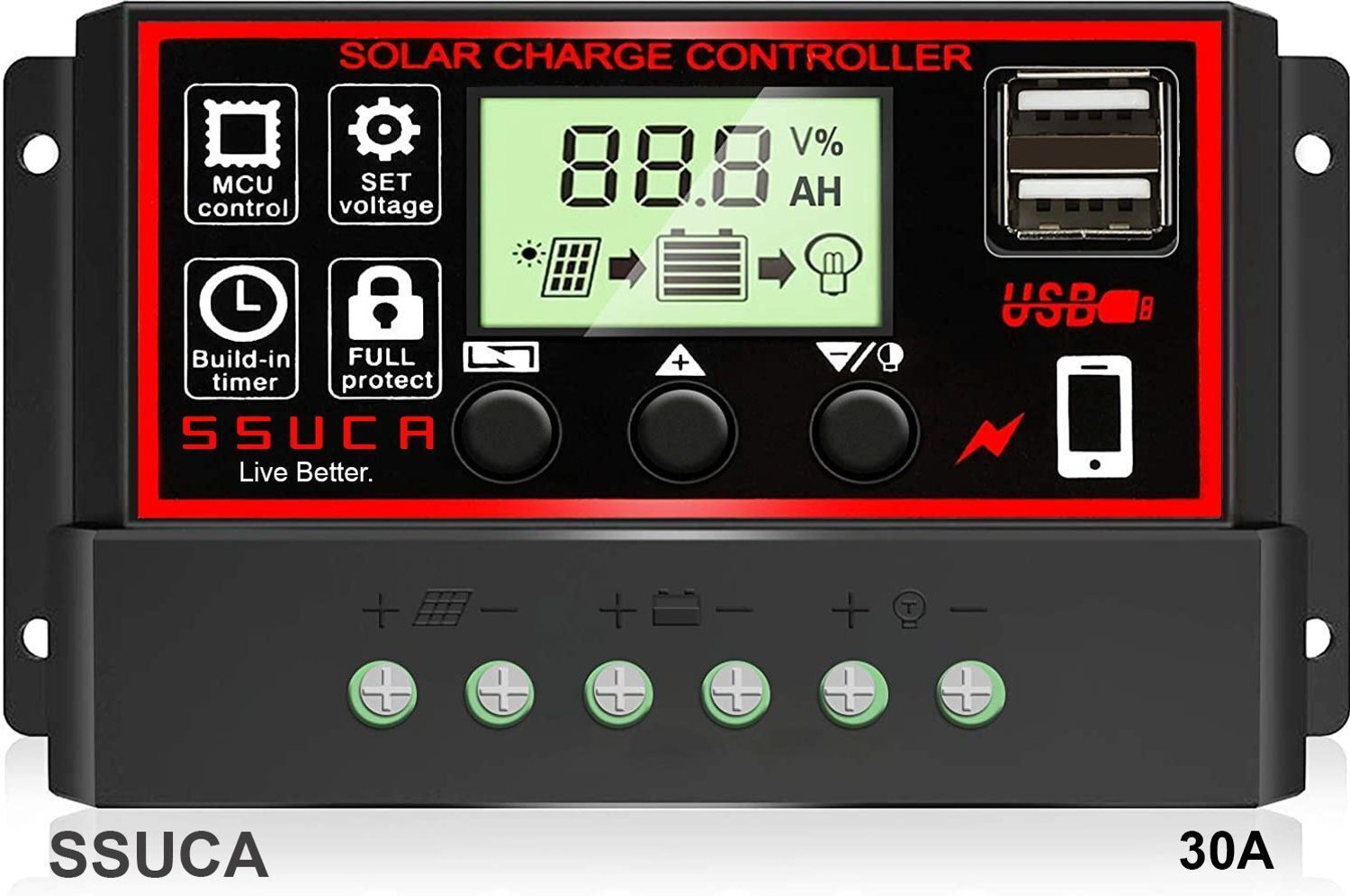 Image of SSUCA 30A 12V /24V PWM Solar Charge Controller with LCD Display & USB Port PWM Solar Charge Controller