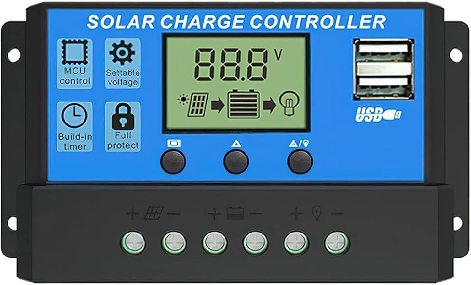 Image of Verilux 20A 12V24V Solar Charge Controller with LCD and USB Ports PWM Solar Charge Controller