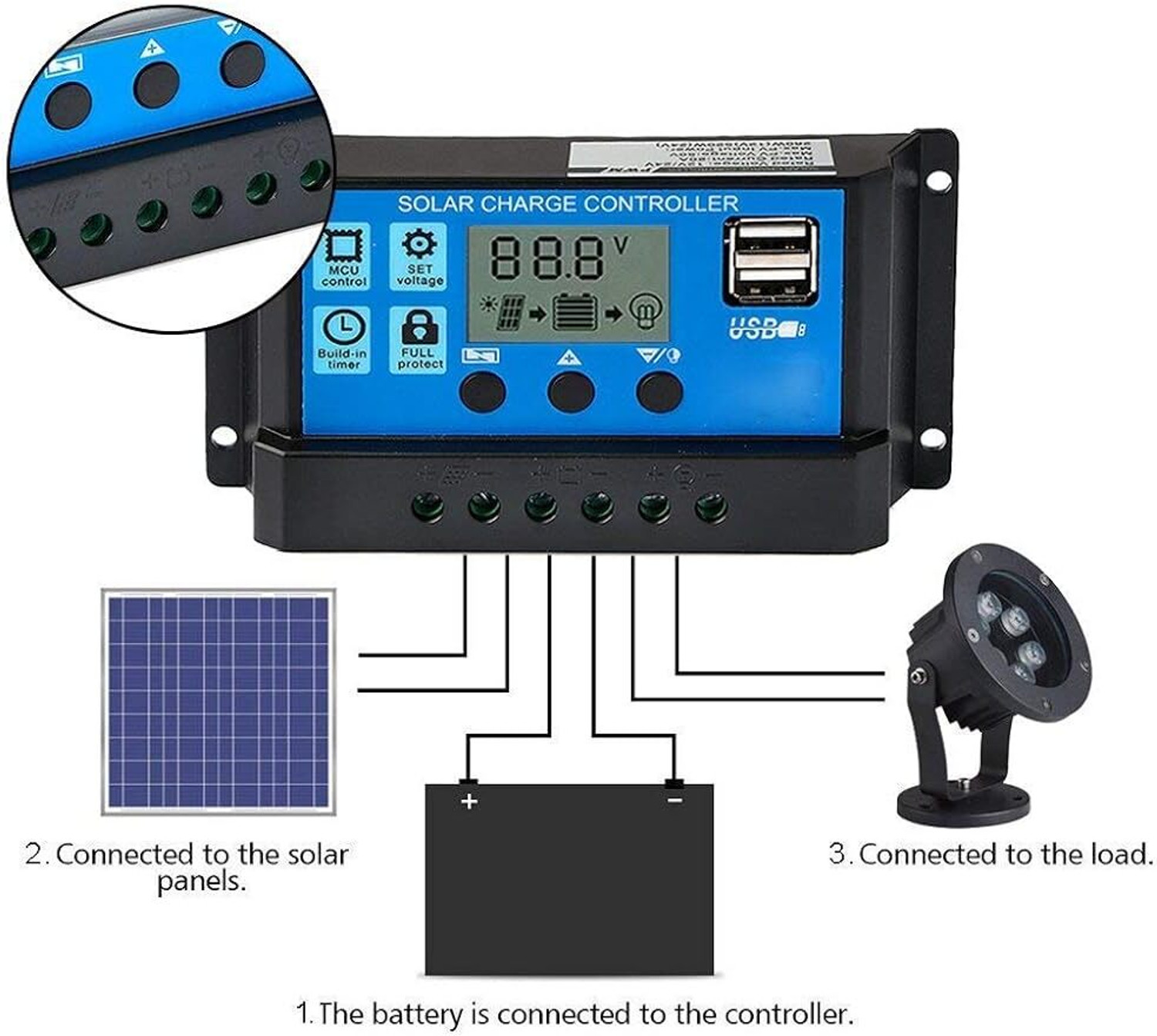 Image of Verilux 20A 12V24V Solar Charge Controller with LCD and USB Ports PWM Solar Charge Controller