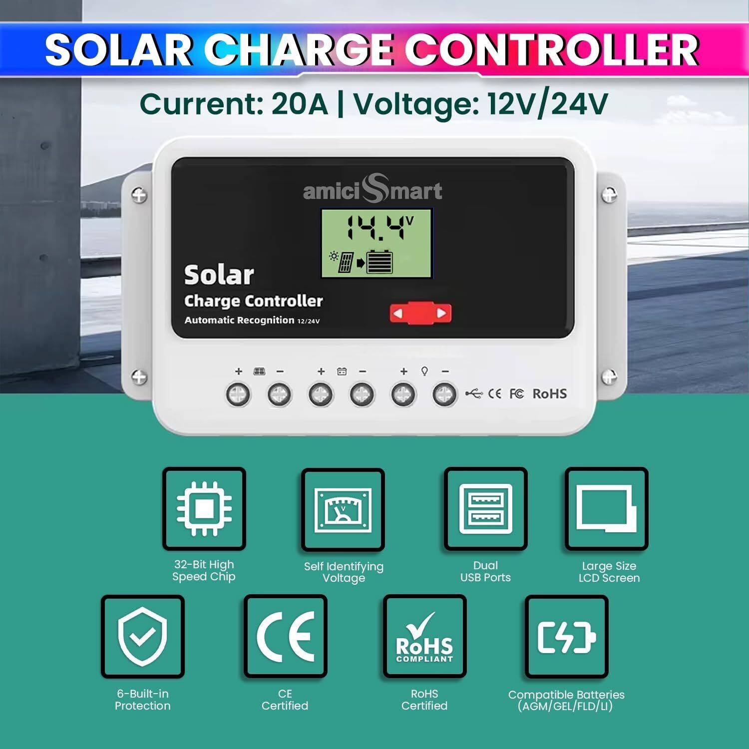 Solar Charge Controller 20A, 12V/24V Intelligent Battery Regulator for Lead Acid PWM Solar Charge Controller - Image 2