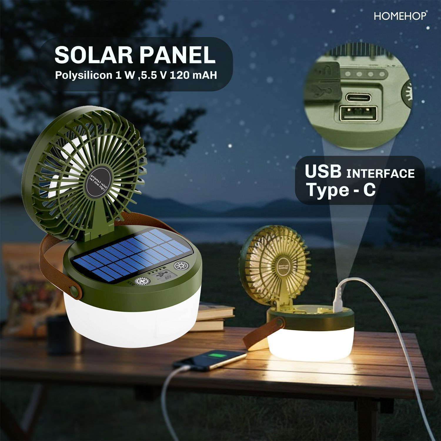 Image of Homehop Solar Portable Fan with Light Rechargeable LED Emergency Camping Lamp for Home Solar Light Set