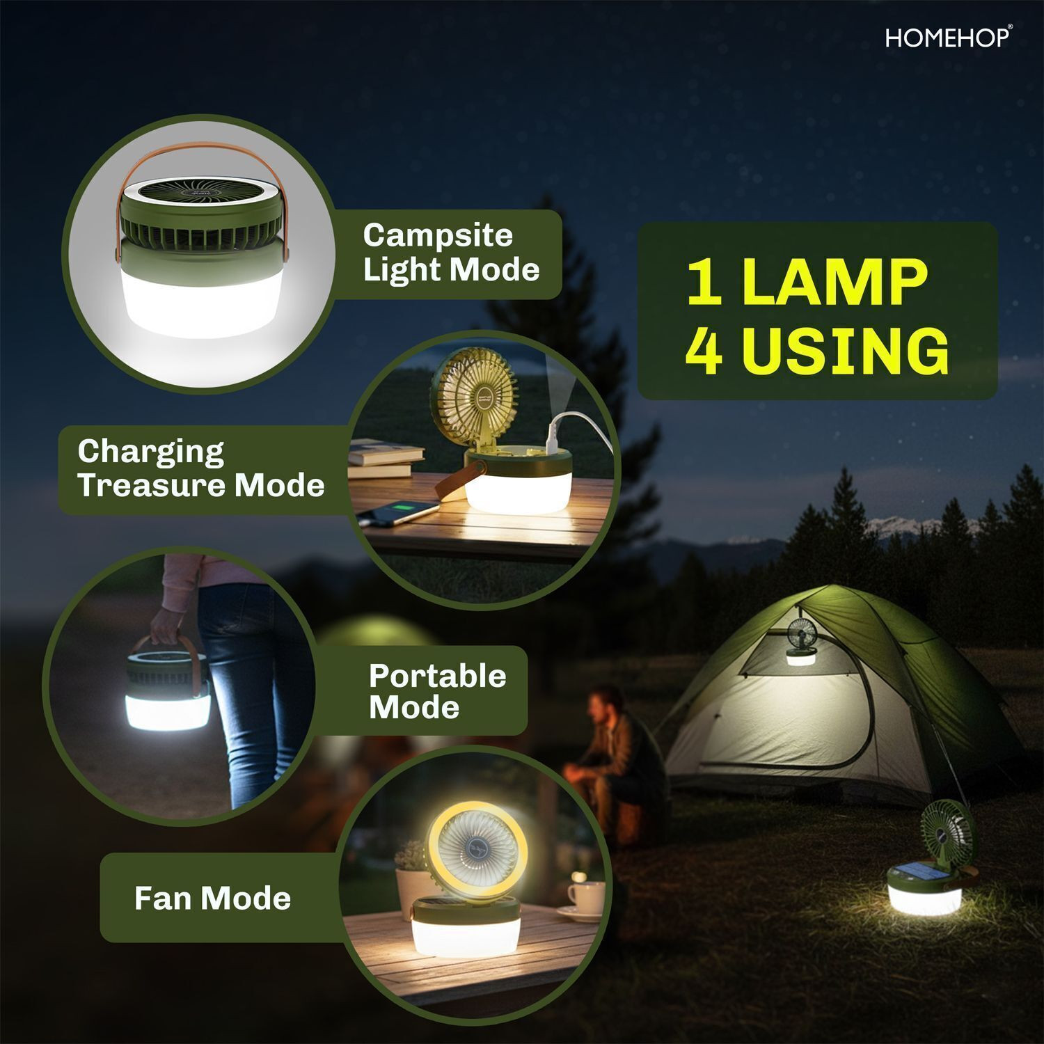 Image of Homehop Solar Portable Fan with Light Rechargeable LED Emergency Camping Lamp for Home Solar Light Set