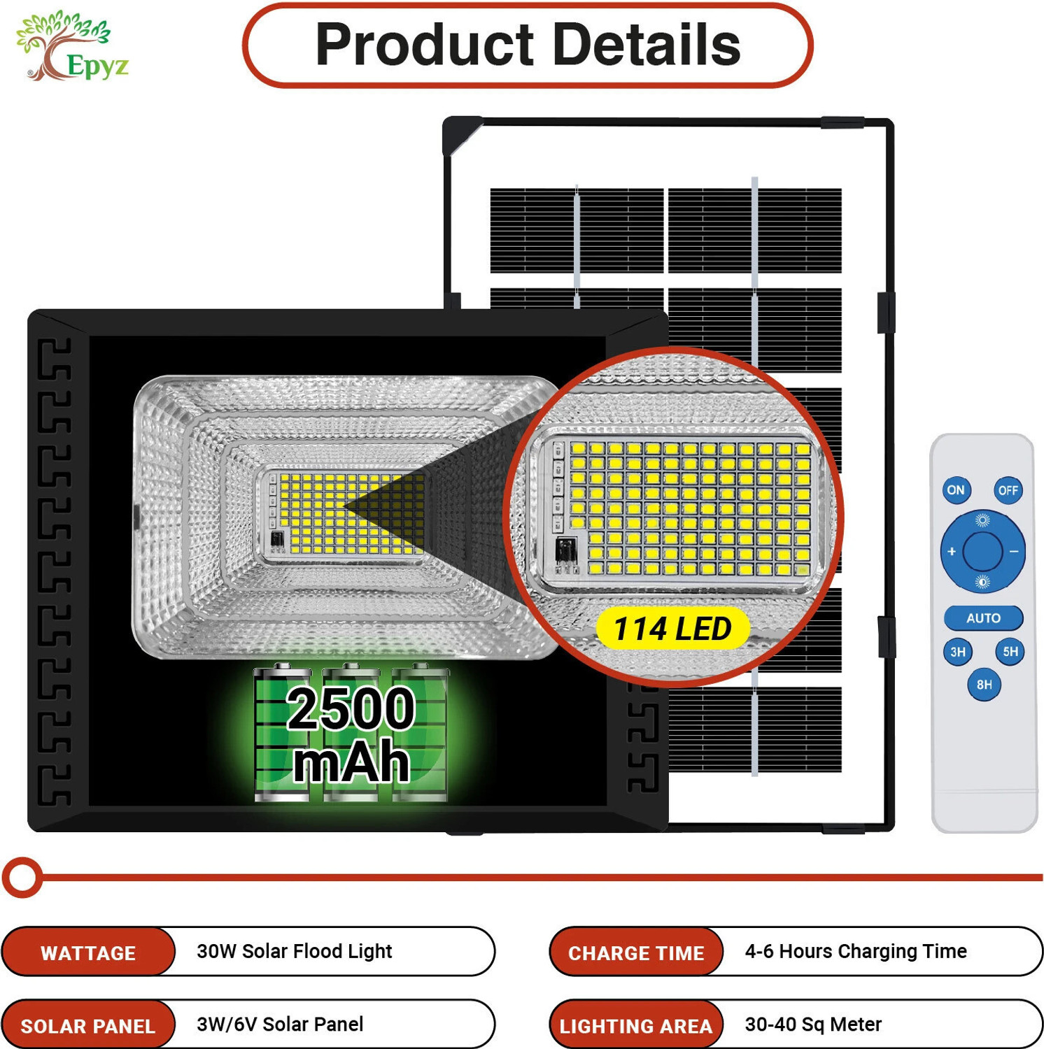 Image of Epyz 30W Solar Flood Light Outdoor Led Waterproof Lamp [ Cold White Light ,114LED ] Solar Light Set