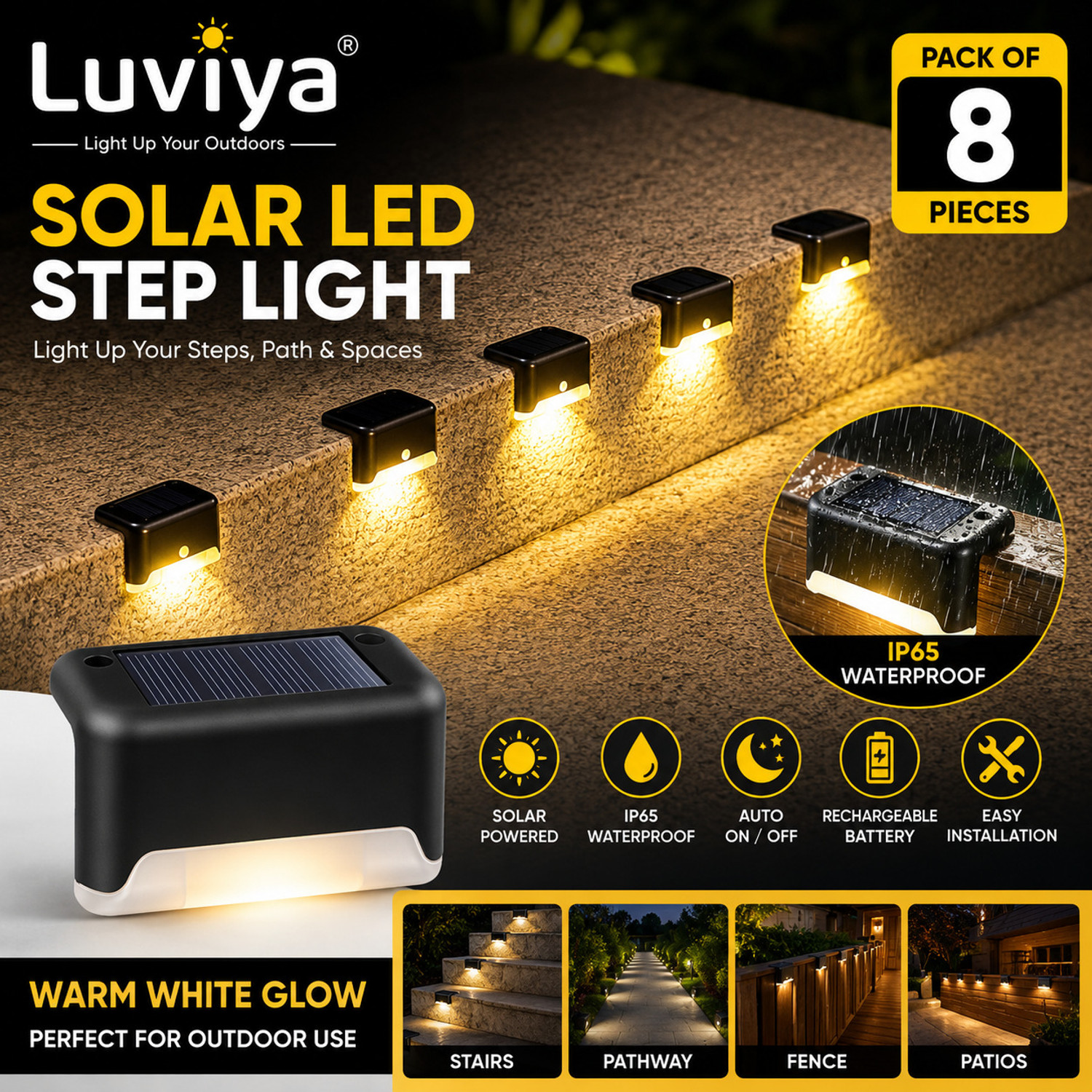 Image of luviya Luviya Solar LED Step Light Waterproof Warm White Outdoor Light (Pack of 8) Solar Light Set