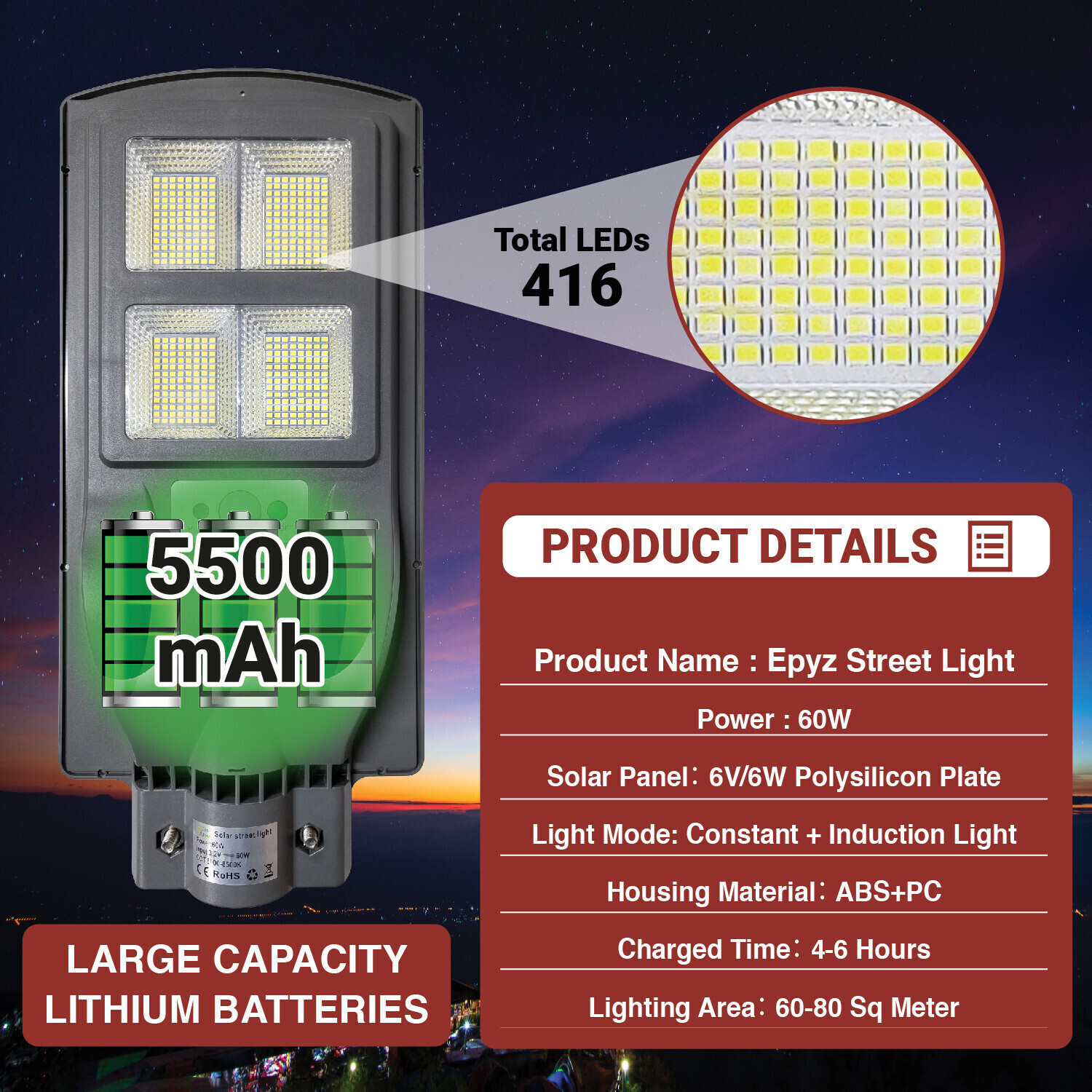 Image of Epyz 60W Solar Street Lights Outdoor Waterproof Motion Sensor Lamp for Home Garden Solar Light Set