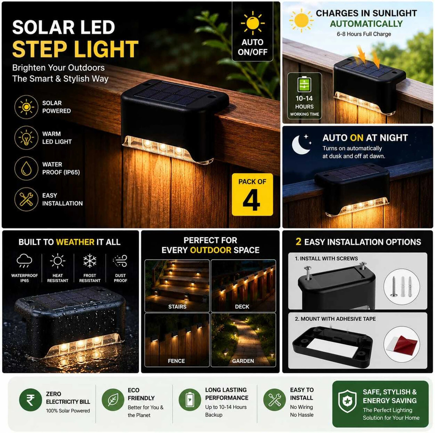 Image of Sparck Solar Step Waterproof LED Garden Light | Auto ON /OFF | Outdoor Fence Light Solar Light Set