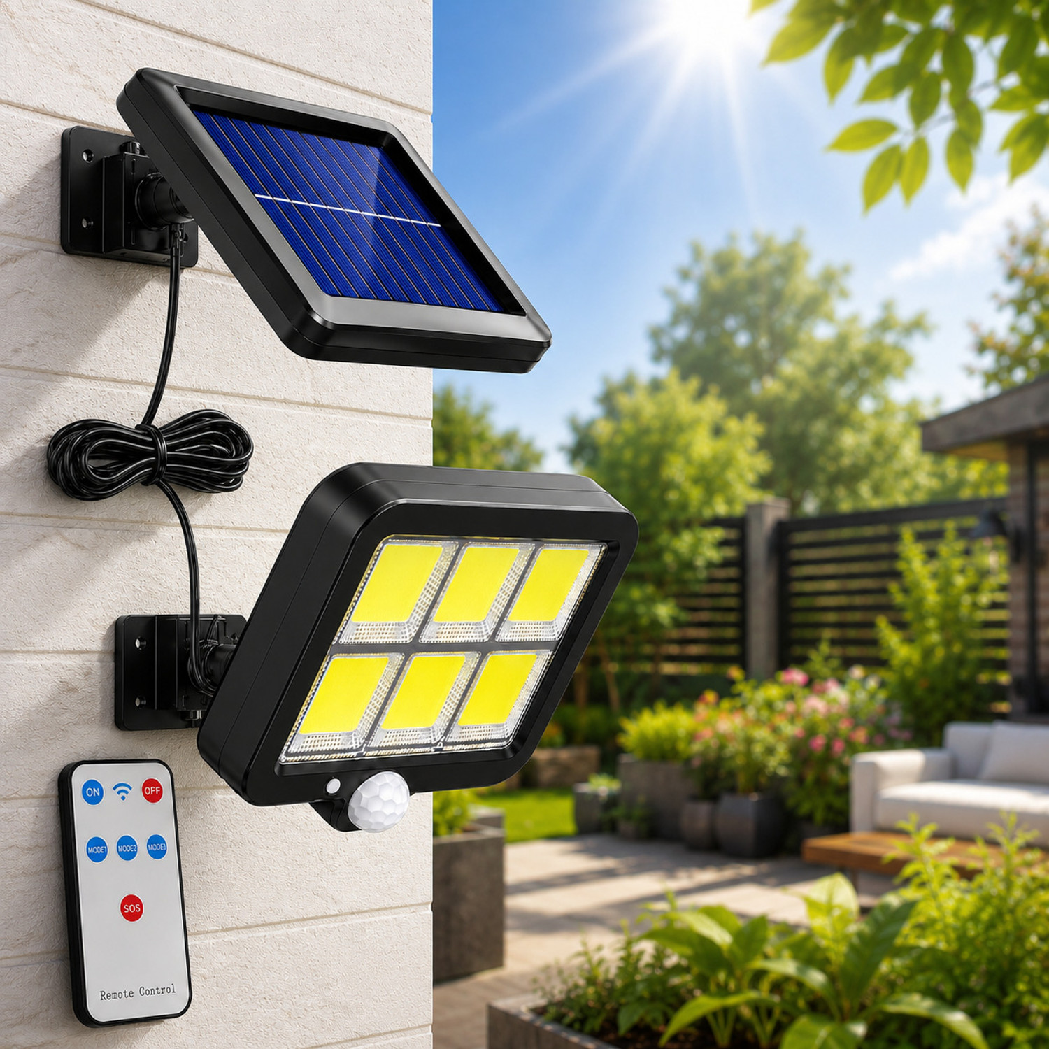 Image of REMICH Solar Motion Sensor Light Outdoor,3 Lighting Modes, 120 COB LED Night Light Solar Light Set