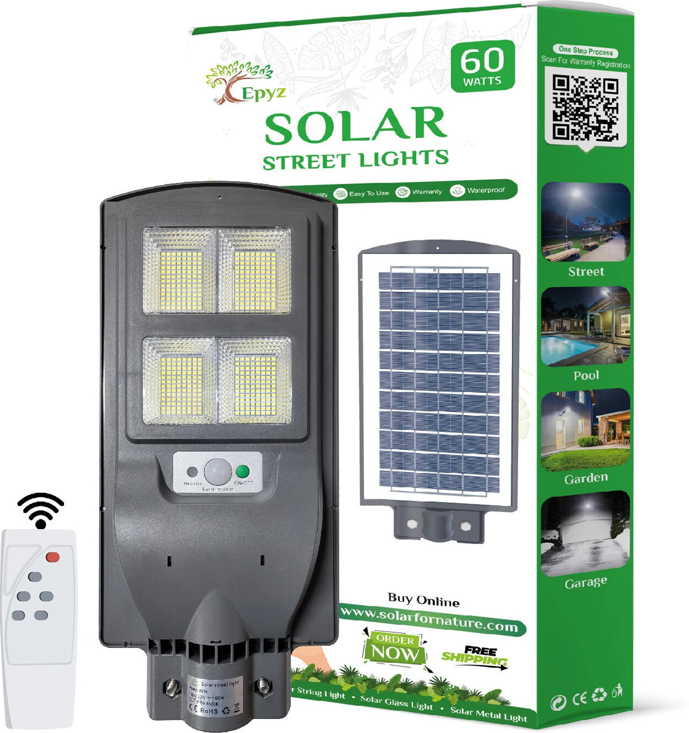 Image of Epyz 60W Solar Street Lights Outdoor Waterproof Motion Sensor Lamp for Home Garden Solar Light Set