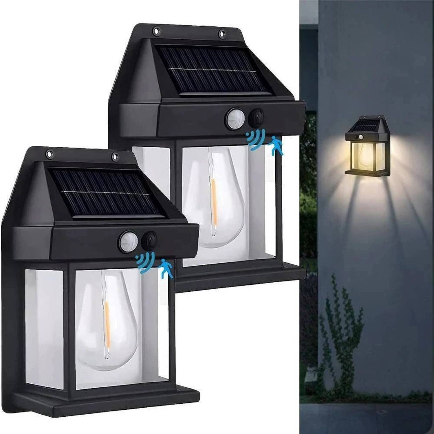 Woomzy Wall Bulb Lights Outdoor 3 Modes & Motion Sensor Waterproof Clear Panel Solar Light Set