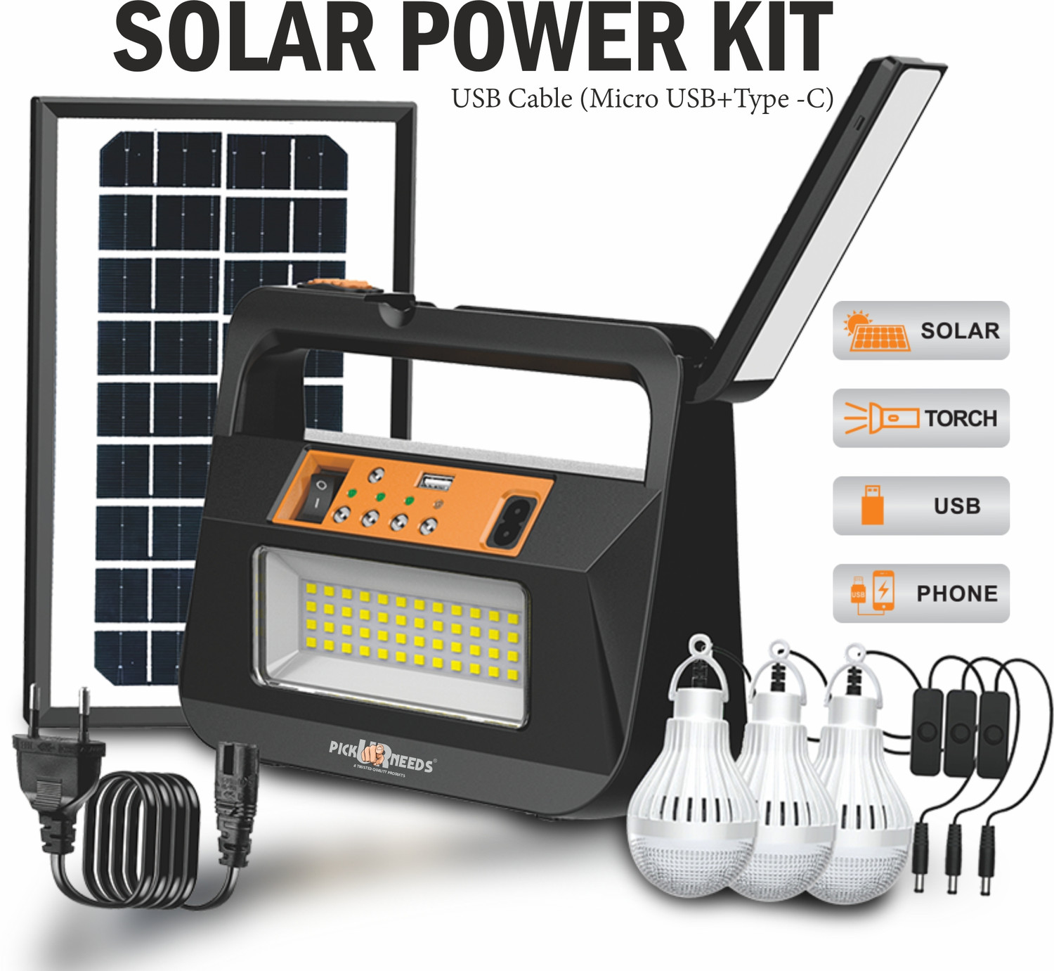 Image of Pick Ur Needs Rechargeable Emergency Torch Lamp Solar Inverter with 3 Individual 6V Led Bulbs Solar Light Set (Wall Mounted Pack of 1)