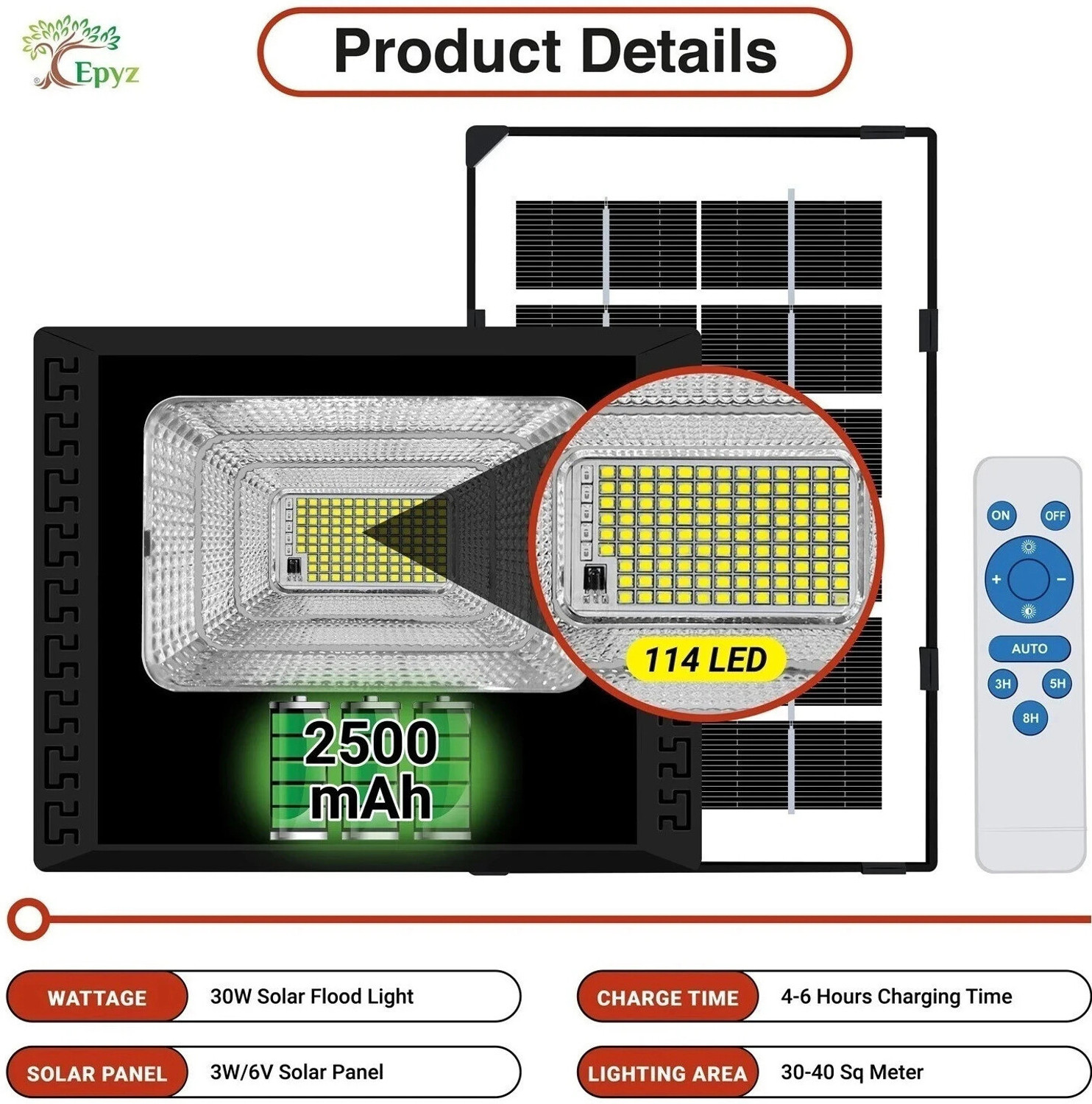 Image of Epyz 30W Solar Flood Light Outdoor Led Waterproof Lamp [ Warm Yellow,114LED ] Solar Light Set (Wall Mounted Pack of 1)