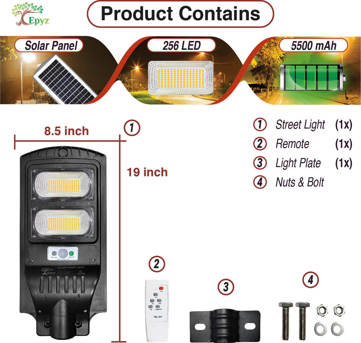 Image of Epyz 60W Solar Street Lights Outdoor Waterproof Motion Sensor Lamp for Home Garden Solar Light Set
