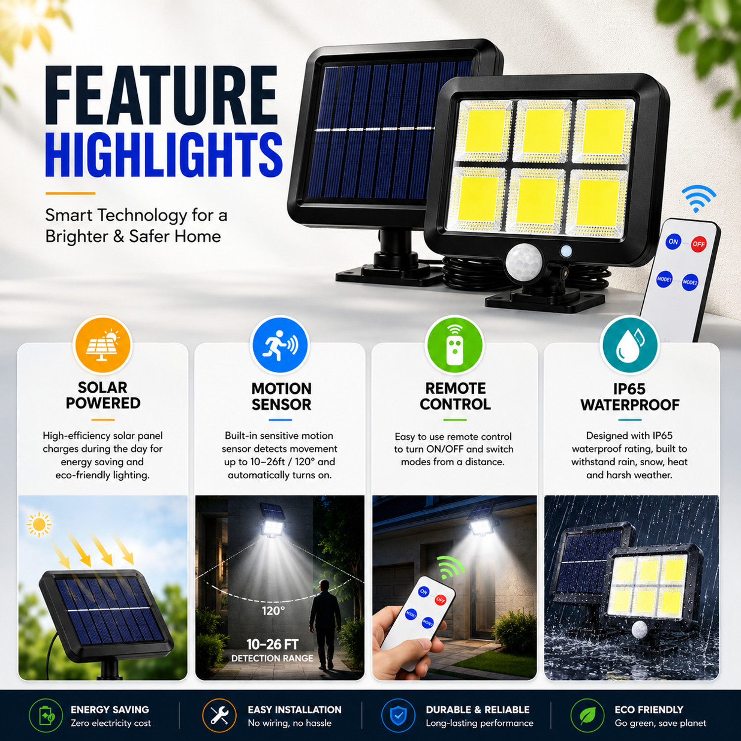 Image of REMICH Solar Motion Sensor Light Outdoor,3 Lighting Modes, 120 COB LED Night Light Solar Light Set