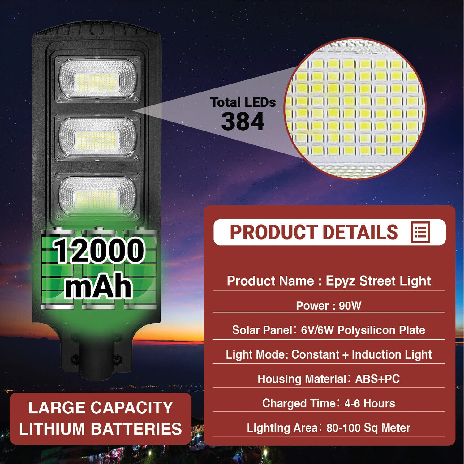 Image of Epyz 90W Solar Street Lights Outdoor Waterproof Motion Sensor Lamp for Home Garden Solar Light Set