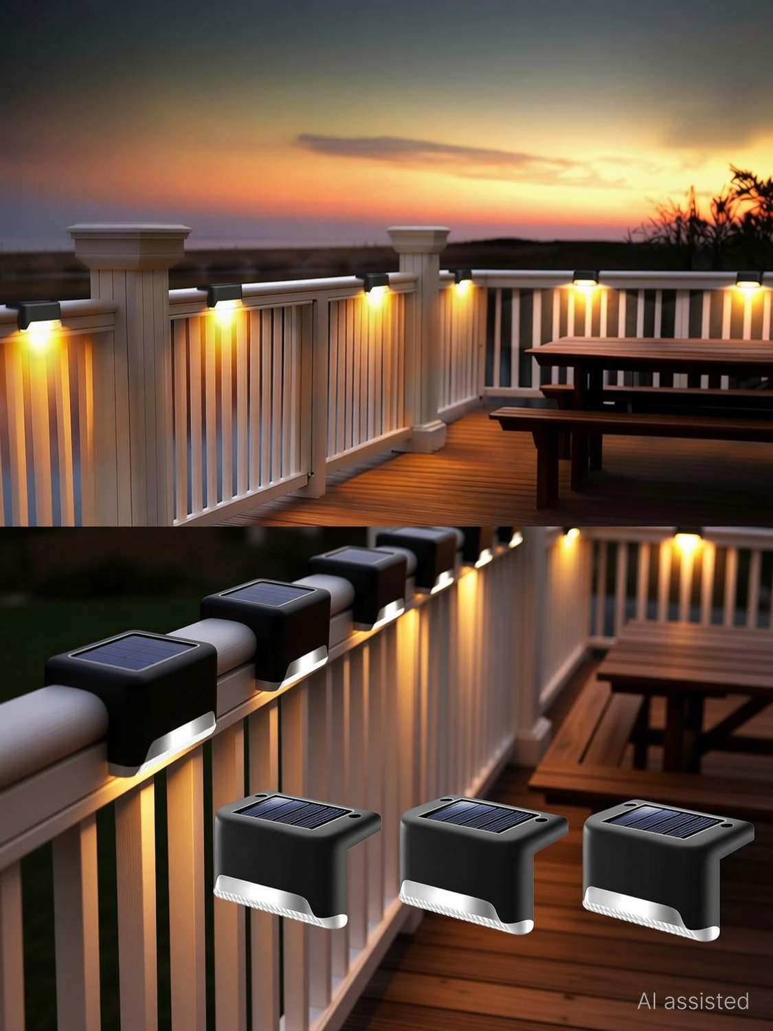 Image of TRINETRAHUB Solar Fence Lights, Waterproof LED Solar Power Outdoor Light for Deck Stair Solar Light Set
