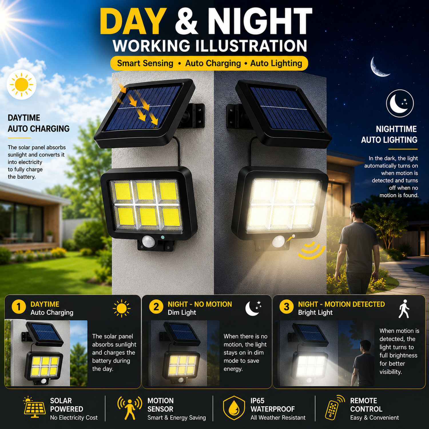Image of REMICH Solar Motion Sensor Light Outdoor,3 Lighting Modes, 120 COB LED Night Light Solar Light Set