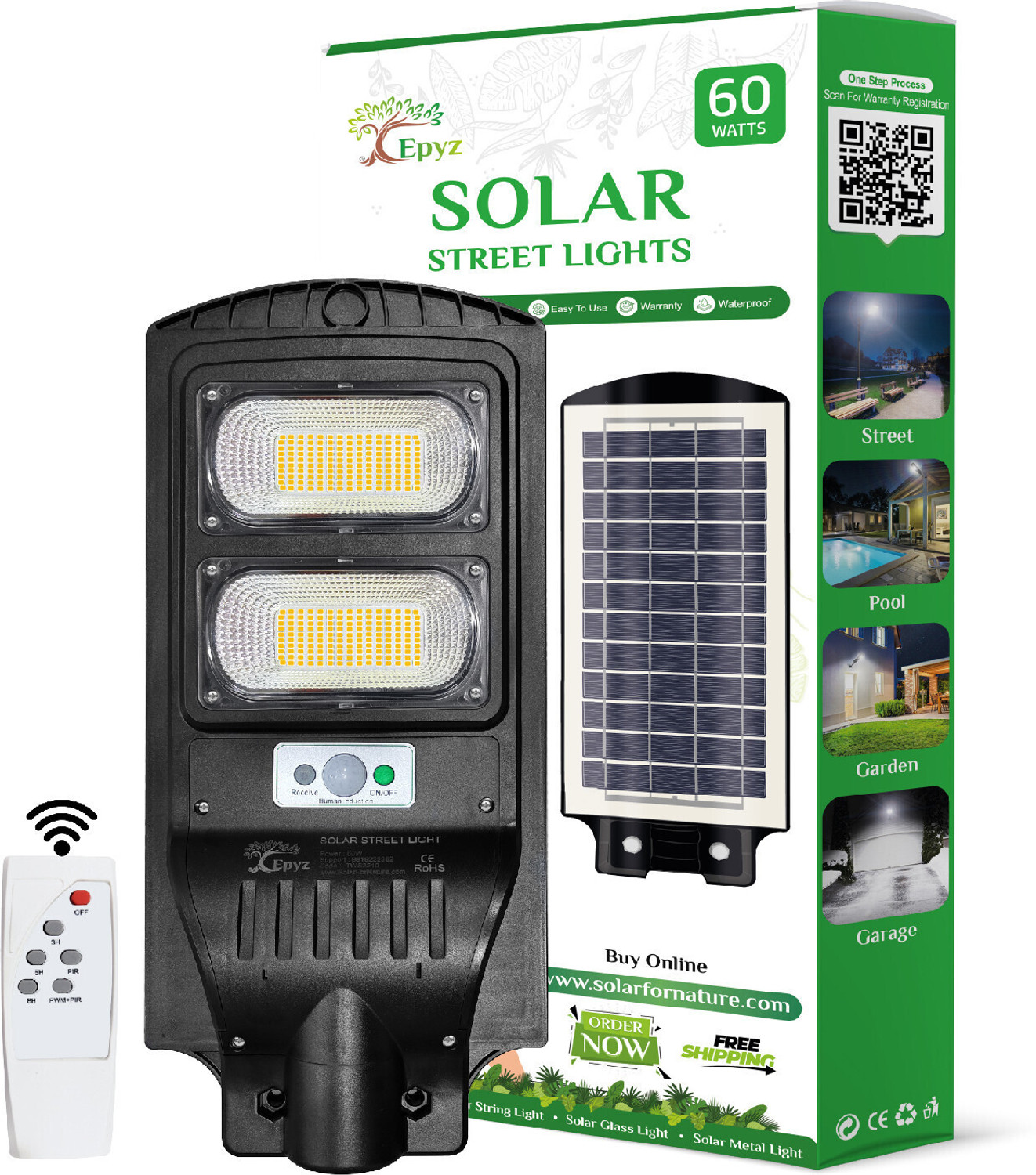 Image of Epyz 60W Solar Street Lights Outdoor Waterproof Motion Sensor Lamp for Home Garden Solar Light Set