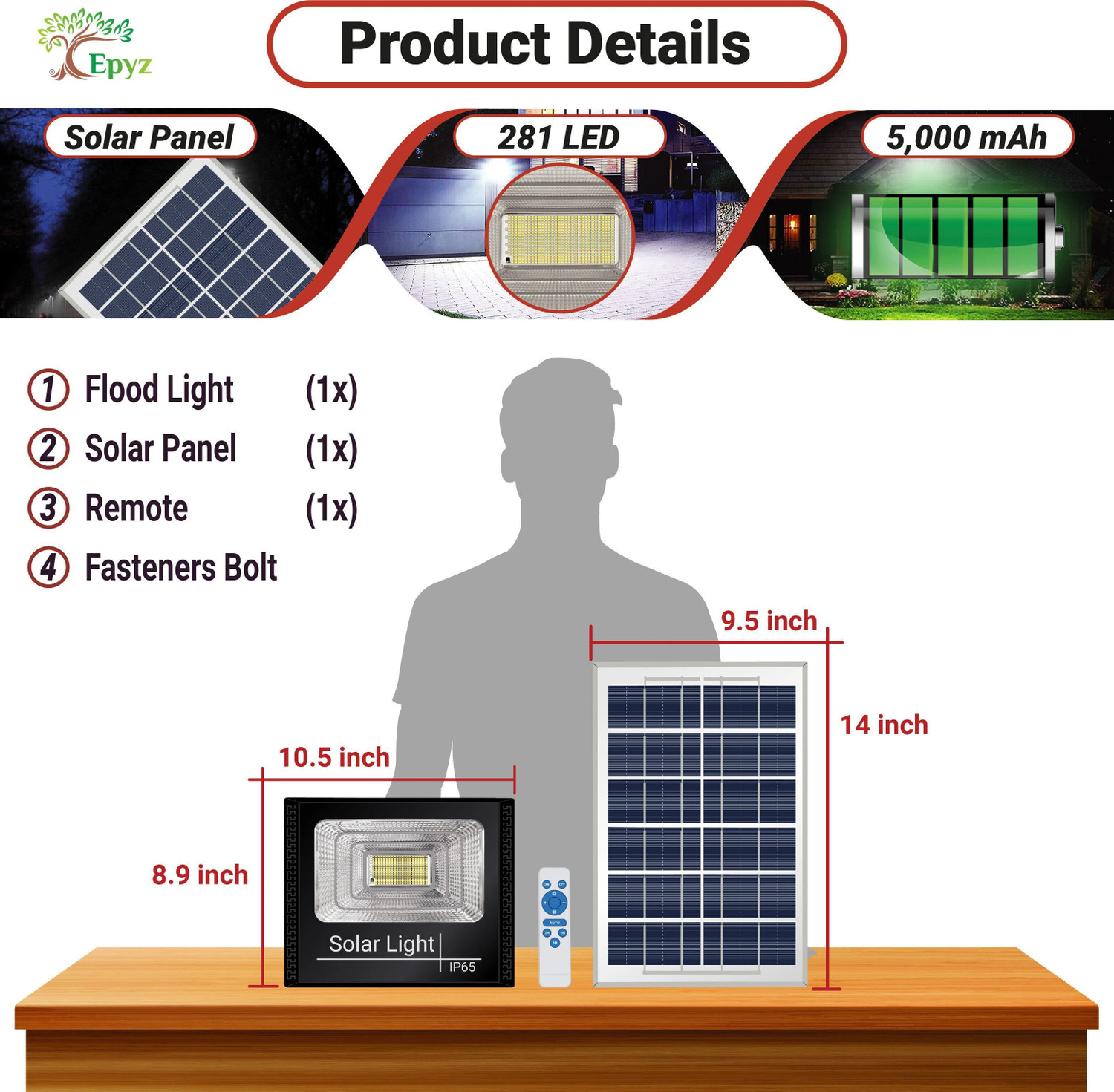 Image of Epyz 100W Solar Flood Light Outdoor Led Waterproof Lamp [ Cold White Light ,281LED ] Solar Light Set