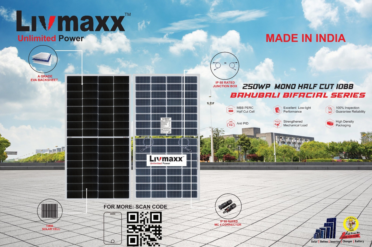 Image of LIVMAXX Mono Half-Cut Bifacial 250W- 12V Bahubali Series Solar Panel