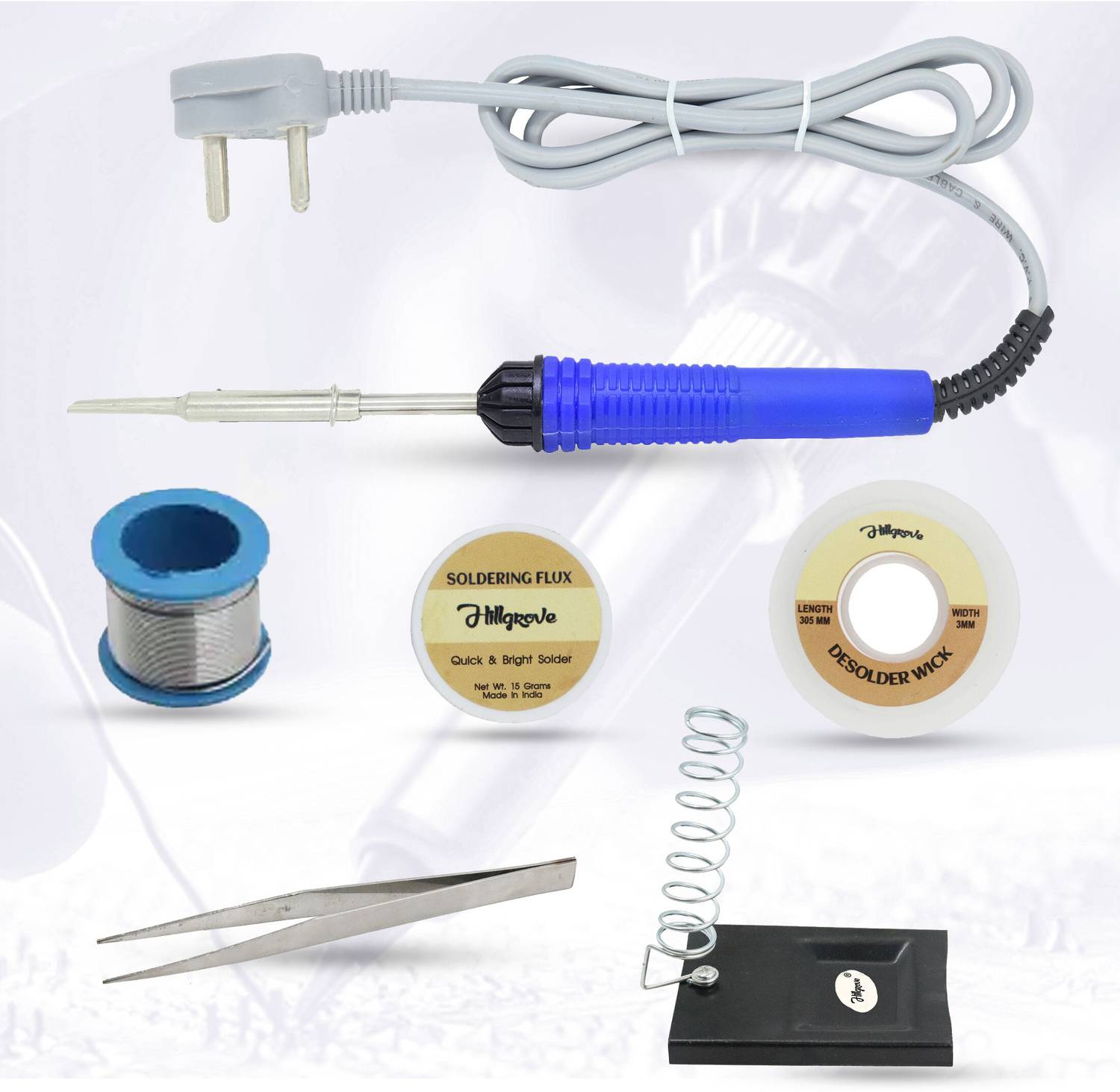 Hillgrove 6in1 Basic Soldering Iron Kit with 5 Meter Wire, Flux, Stand, Wick, Tweezer 25 W Simple