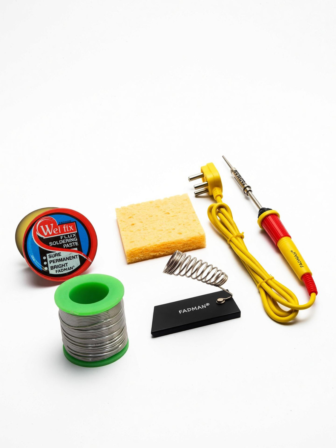 Image of FADMAN Basic Bundle Electric 25W Soldering Iron Kit - Set of 5 PK-5 | Soldering Iron Stand | Solder Wire | Sponge | Soldering Paste Flux | (Yellow+F+Red) Soldering Iron 25 W